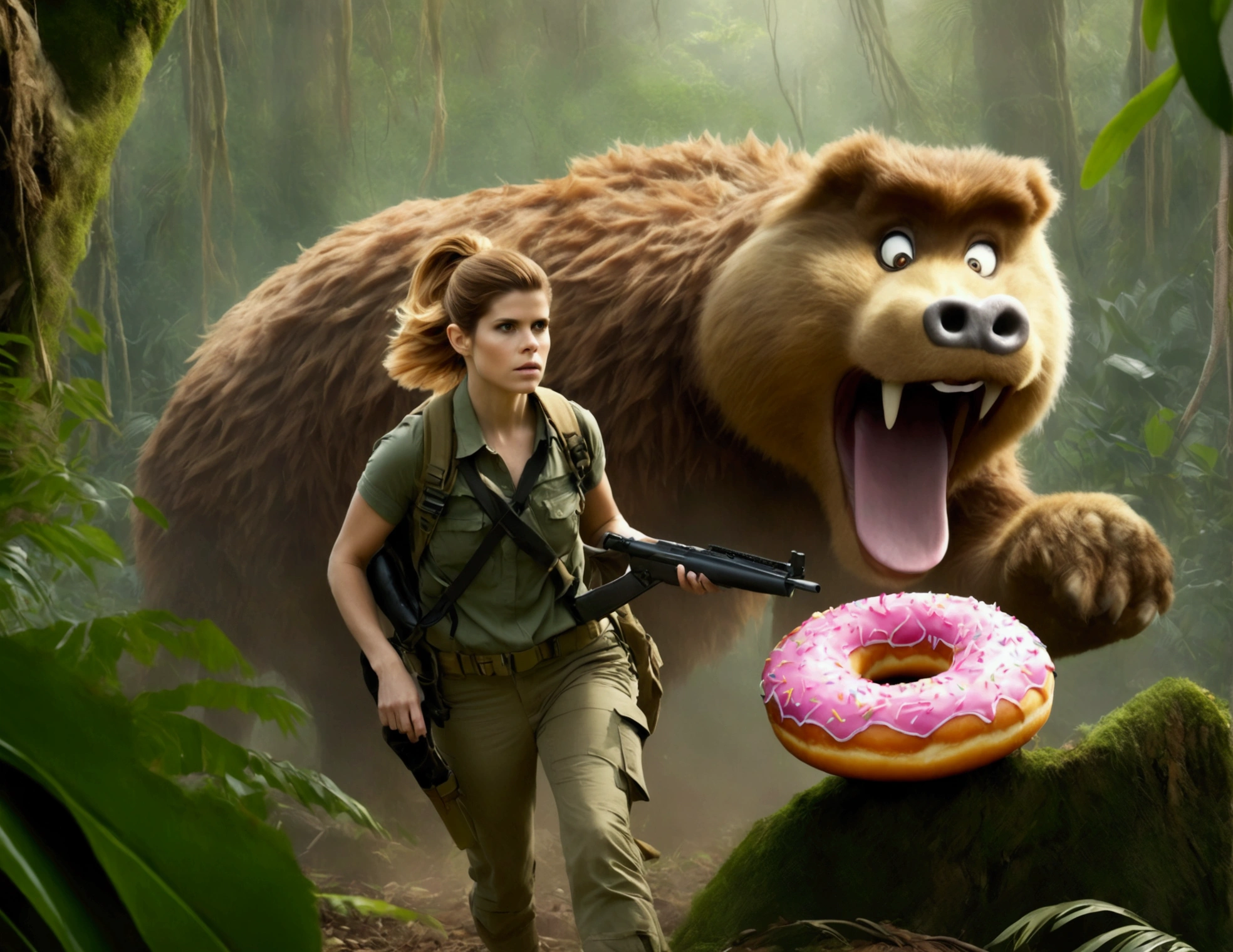 Kate Mara, age 25, rifle in hand, dressed in jungle adventure gear, is hunting a wild Donut (large animal composed of Donuts) in the forest
