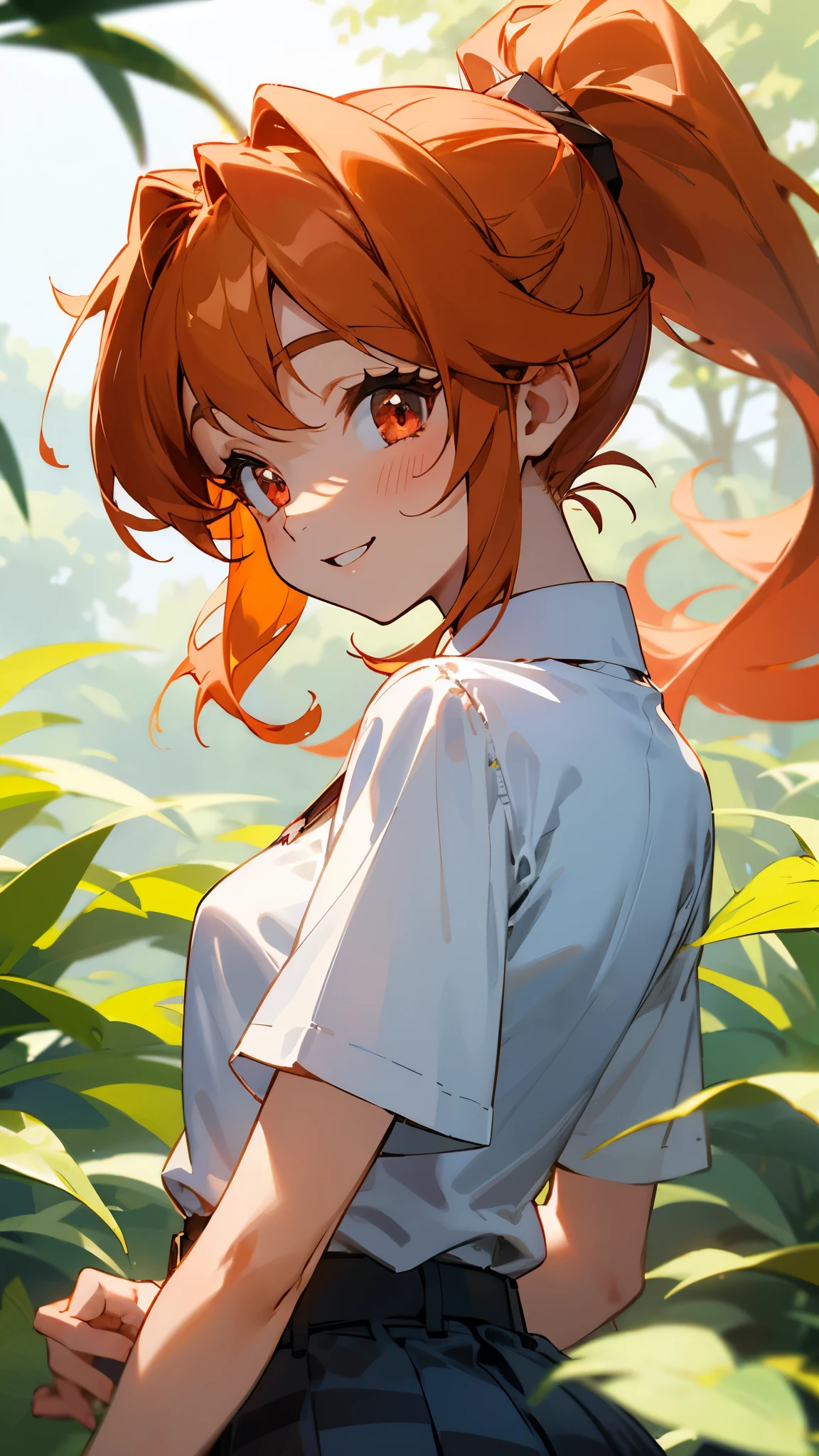 16-year-old girl、Orange Hair、ponytail、Beautiful red eyes、Small breasts、From the back、smile、Upper body close-up、white blouse shirt、Checked skirt、wood々Under the bright sunlight shining through、Sharp contours