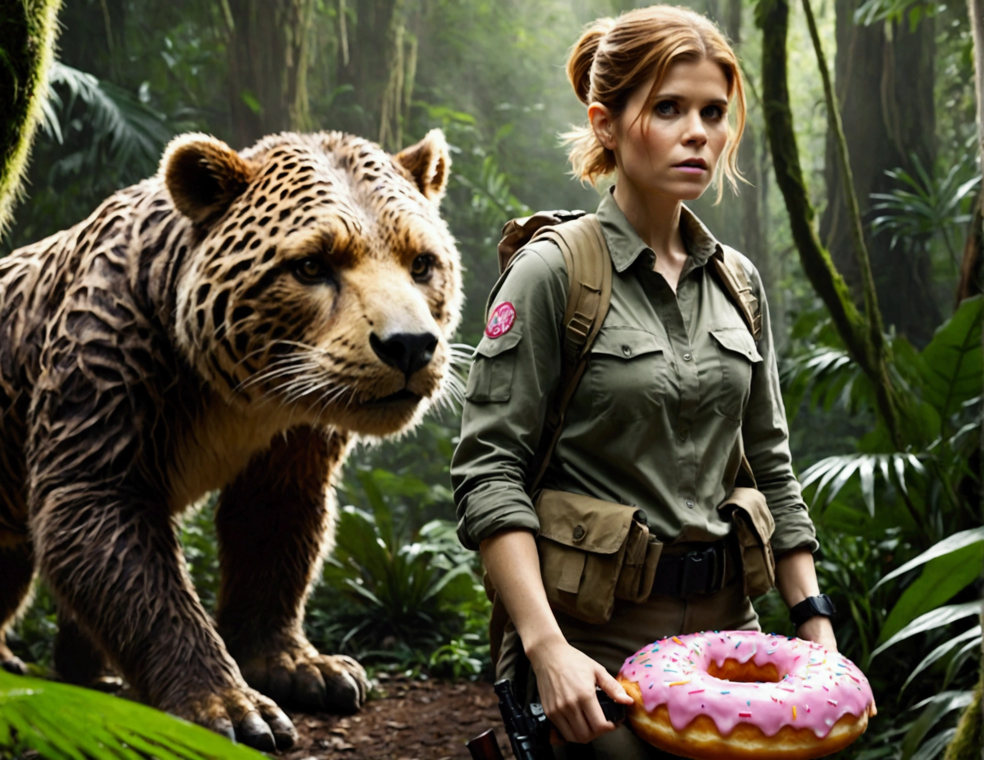 Kate Mara, age 25, rifle in hand, dressed in jungle adventure gear, is hunting a wild Donut (large animal composed of Donuts) in the forest
