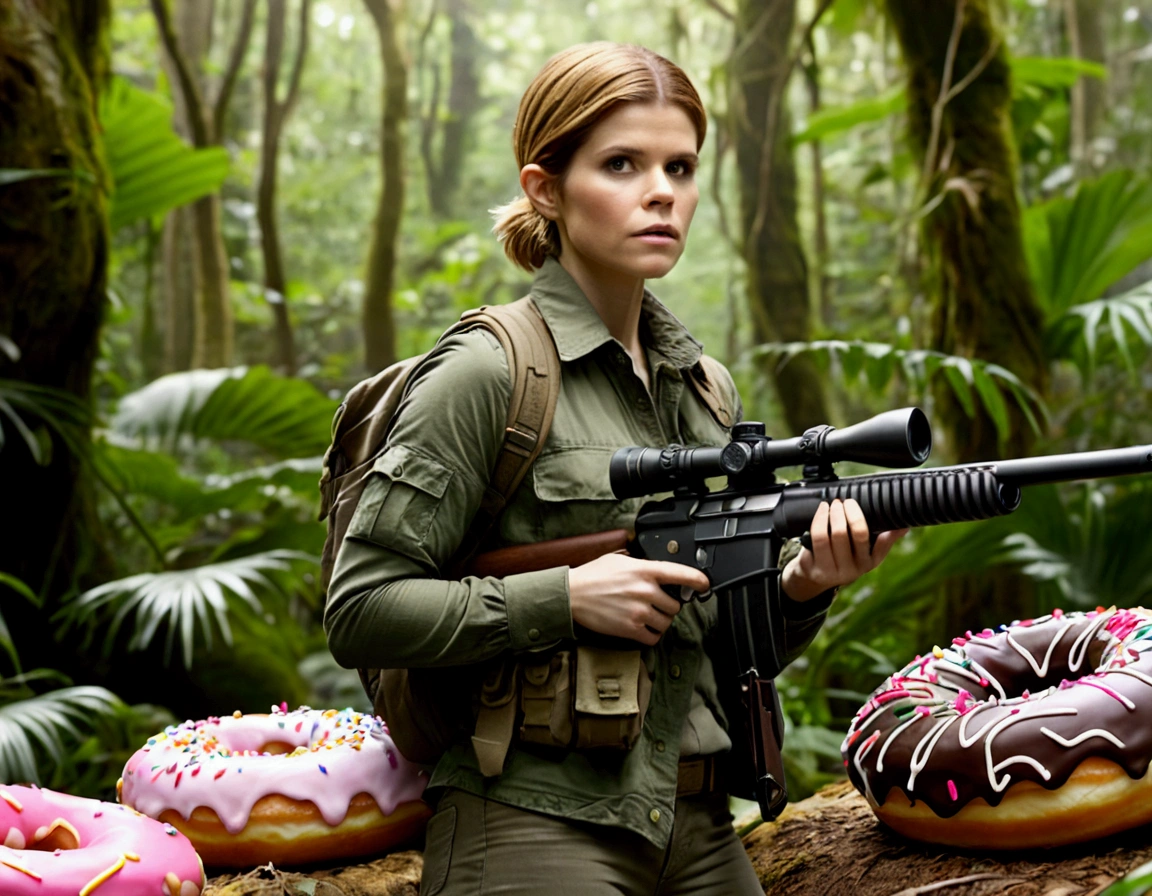 Kate Mara, age 25, rifle in hand, dressed in jungle adventure gear, is hunting a wild Donut (large animal composed of Donuts) in the forest