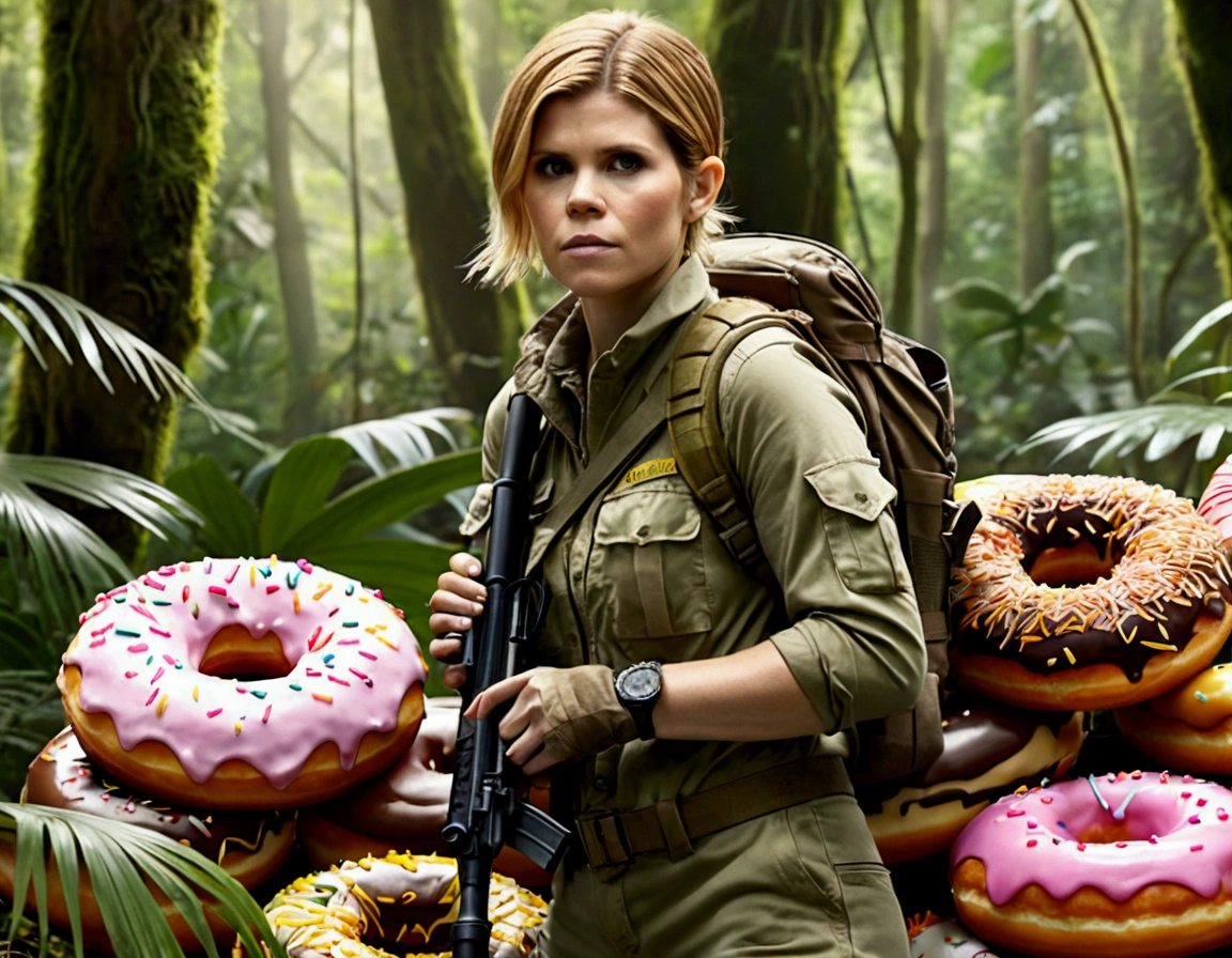 Kate Mara, age 25, rifle in hand, dressed in jungle adventure gear, is hunting a wild Donut (large animal composed of Donuts) in the forest