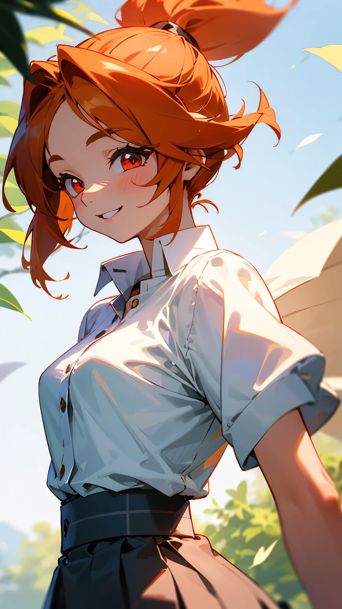 -yeld giOrange Hair、ponytail、Beautiful red eyes、Small breasts、From the back、smile、Upper body close-up、white blouse shirt、Checked skirt、wood々Under the bright sunlight shining through、Sharp contours