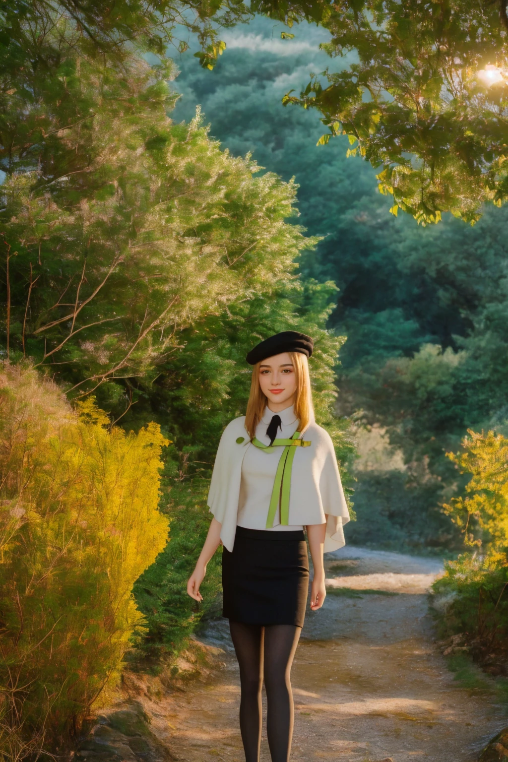 1 girl, best quality, ((Miyo)), tarankaaa, perfect face, NOT Dasha Taran, beautiful smile, 30 years old, ((ascot,uniform, black skirt, cross, ribbon, gold blonde hair, emerald, beret, cape, pantyhose)), ((perfectly drawn hands)), perfect body, bare tree, bush, fog, forest, grass, nature, outdoors, plant, scenery, solo, standing, tree, 32k photograph, ((perfect eyes, detailed eyes,realistic eyes)), ((sharp face, detailed face, realistic face, natural skin, realistic skin, detailed skin, pores)), full body, tone mapping, asian-european, ((masterpiece)), ((highres)), ((detailed background)), japanese village background, night, big proportions, (abdomen is covered)