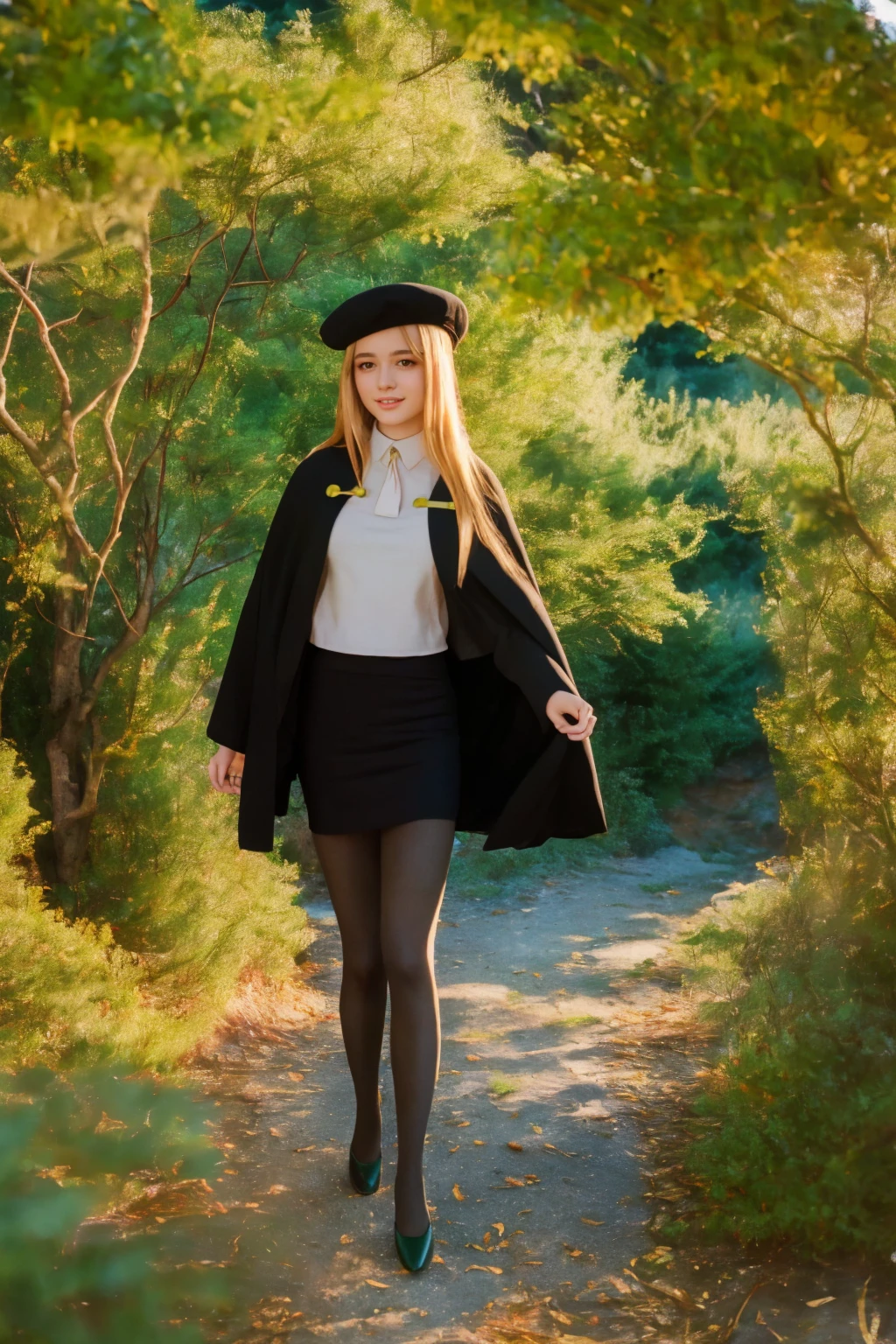 1 girl, best quality, ((Miyo)), tarankaaa, perfect face, NOT Dasha Taran, beautiful smile, 30 years old, ((ascot,uniform, black skirt, cross, ribbon, gold blonde hair, emerald, beret, cape, pantyhose)), ((perfectly drawn hands)), perfect body, bare tree, bush, fog, forest, grass, nature, outdoors, plant, scenery, solo, standing, tree, 32k photograph, ((perfect eyes, detailed eyes,realistic eyes)), ((sharp face, detailed face, realistic face, natural skin, realistic skin, detailed skin, pores)), full body, tone mapping, asian-european, ((masterpiece)), ((highres)), ((detailed background)), japanese village background, night, big proportions, (abdomen is covered)