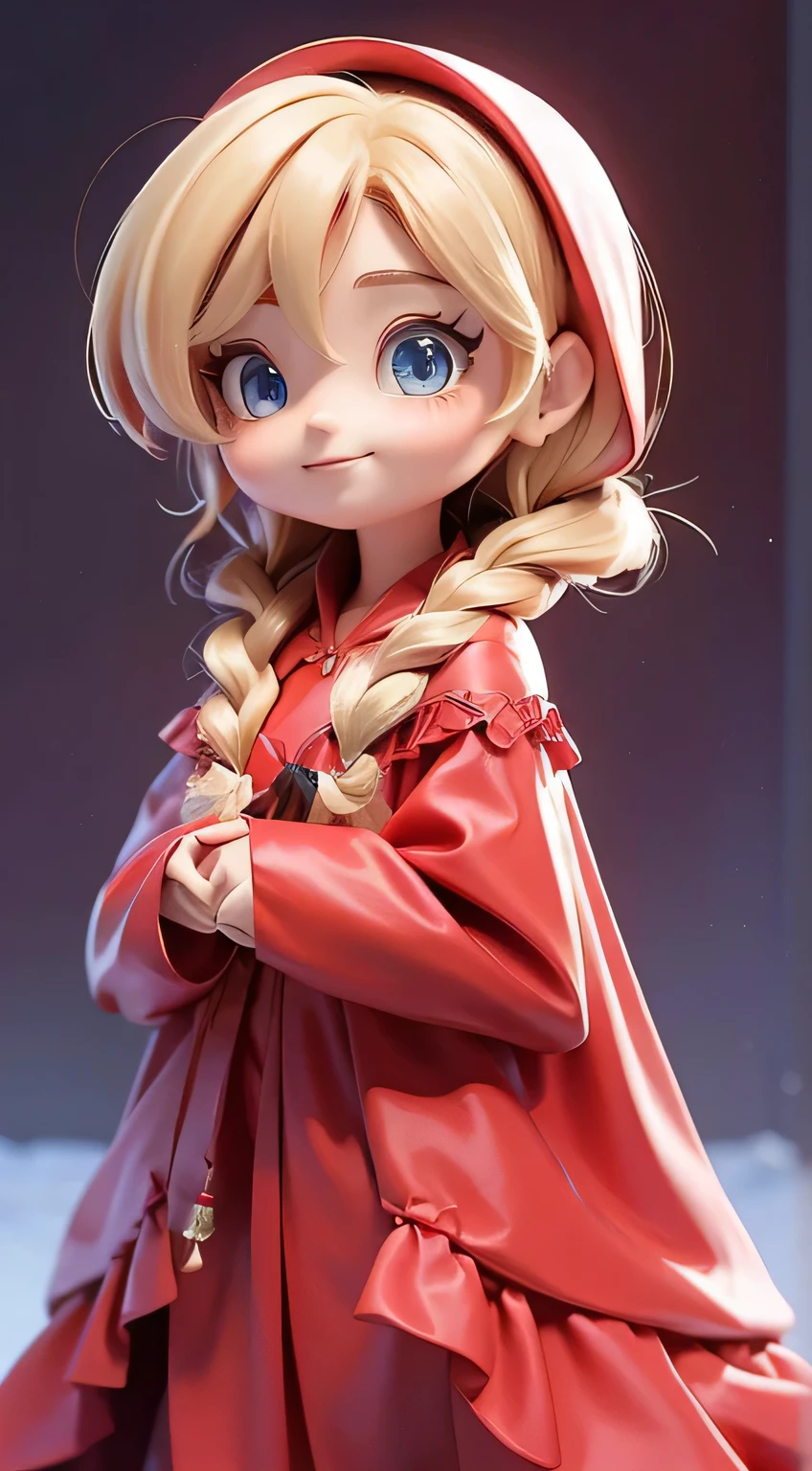 (Best Quality,4K,High resolution), Little pretty girl、red riding hood、((Wearing a red hood、Wearing a fairytale red dress、Blonde and short braided hair、))、Full body projection、ssmile、Chibi、Beautiful blue eyes、Comical depiction、kawaii illustration、busy、Colorful fairytale forest