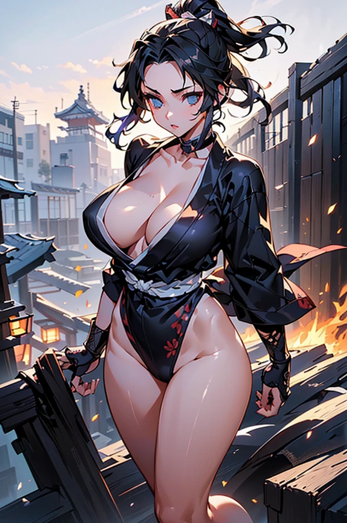 (((beautiful))), ((Ninja, Female ninja, Japanese style)), One Woman, Black Hair, Huge breasts, Cleavage, Thigh, clavicle, ((((Glowing Skin))), (((Intricate details))), High resolution, ((Intricate details, Ultra-detailed)), whole body, Are standing, Black Hair, Night Town