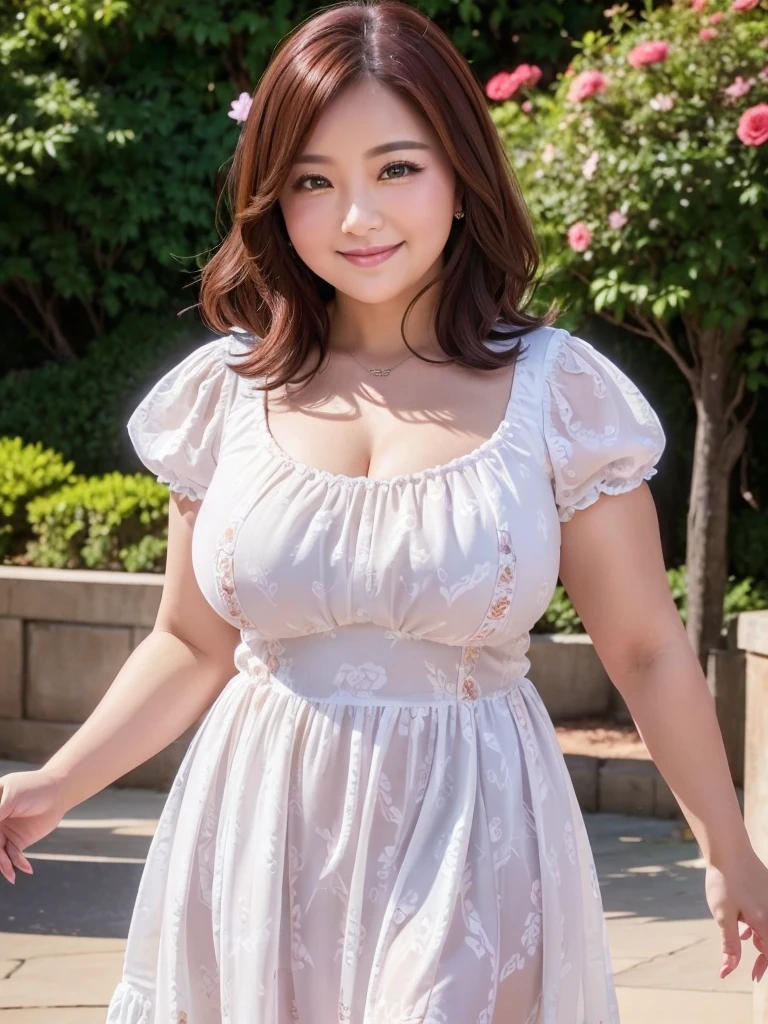 A beautiful and hot almost chubby mature woman.who is wearing a patterned short dress and is and standing in the park. A smiling face、Sexy woman、A radiant smile、adorable、race、Frills、Colorful design、Full-length mirror、An inviting gaze、Gorgeous long and beautiful hairstyle、variation Hairstyle、Open neck blouse、Flower Garden、Sparkling、elegant princess、Smooth Hair、An inviting gaze、Charming、Too cute、smile, Hair blowing in the wind, Decorative art,