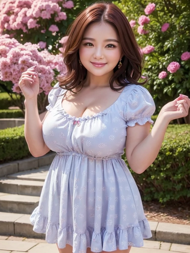 A beautiful and hot almost chubby mature woman.who is wearing a patterned short dress and is and standing in the park. A smiling face、Sexy woman、A radiant smile、adorable、race、Frills、Colorful design、Full-length mirror、An inviting gaze、Gorgeous long and beautiful hairstyle、variation Hairstyle、Open neck blouse、Flower Garden、Sparkling、elegant princess、Smooth Hair、An inviting gaze、Charming、Too cute、smile, Hair blowing in the wind, Decorative art,