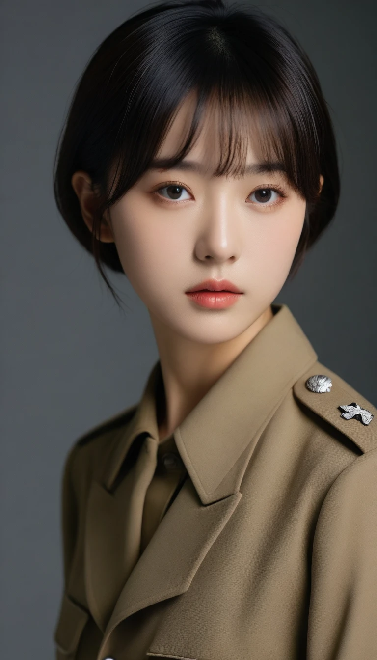 8k, Ultra-high resolution, Highest quality, masterpiece, 三分割法によるphotograph,Surreal, photograph, 1 Girl, (16 years old:1.3), pretty girl, Cute Face, Beautiful eyes in every detail, 細かくdetailedに,masterpiece,One Girl:1.2,Japanese female officer,Superior non-commissioned officer,full body,Serious expression,Black short hair,Bob with bangs, (The finest ceremonial attire:1.3),Pencil Skirt,Military clothing,Nazi SS uniform,HUGO BOSS,Sharp contours,Looking down,Gray background, Light from above, Low contrast, (Side view),Perfect and beautiful face ,完璧でCute Face, Skin with attention to detail, Perfect limbs、Narrow waist,Looking at the audience,(((Ideal body type))),A cup small breasts :2,Portraiture:2,Perfect Anatomy,鮮明なdetailed,detailed,Surreal,Light and shadow,glowing