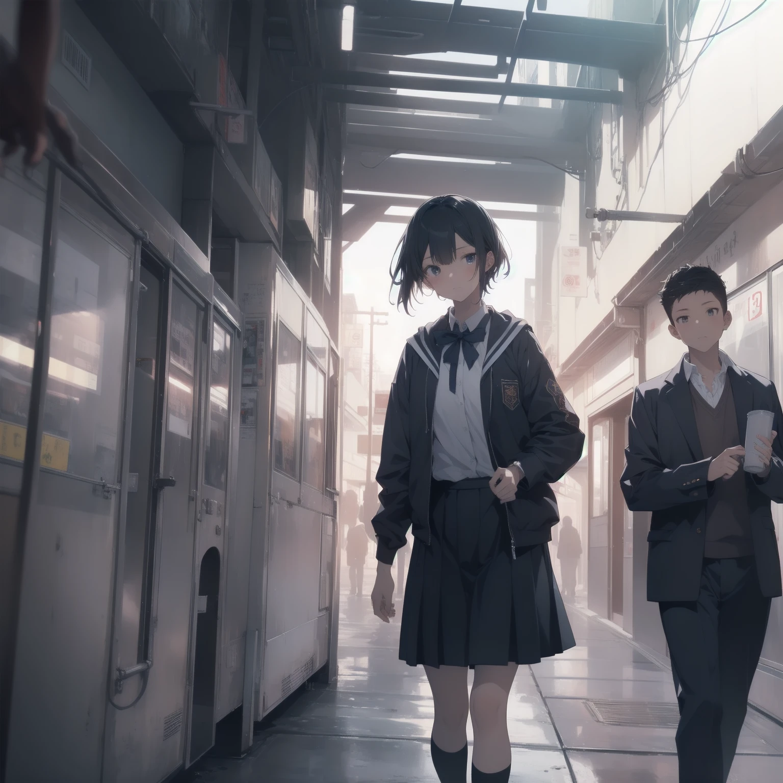 ultra-absurdres-Top quality by artist God, ultra-detailed, high resolution, anime moe artstyle, best anime 8k konachan wallpaper, pixiv contest winner, pool:2810, perfect anatomy,break, 1girl, (Please draw a girl walking sleepily to school alone. )break,(Solo,little female, 13-year-old:1.3),Full limbs, complete fingers,a junior high school student, (very short hair), short cut, flat chest, , small butt, small black eyes, beautiful detailed eyes, well-proportioned iris and pupils, expressive eyes, highres detailed hair, soft expression, salor school_uniform, sailor collar, serahuku, bow, pleated skirt,(Detailed Lighting), (Detailed background), in the School commute route. break,super detailed skin, Best cinematic lighting powered by famous artist, 8k,beauty illustration,photoshop_(medium),very aesthetic,break,((artist:horosuke )), artist:clamp ,artist:carnelian ,artist:kantoku ,