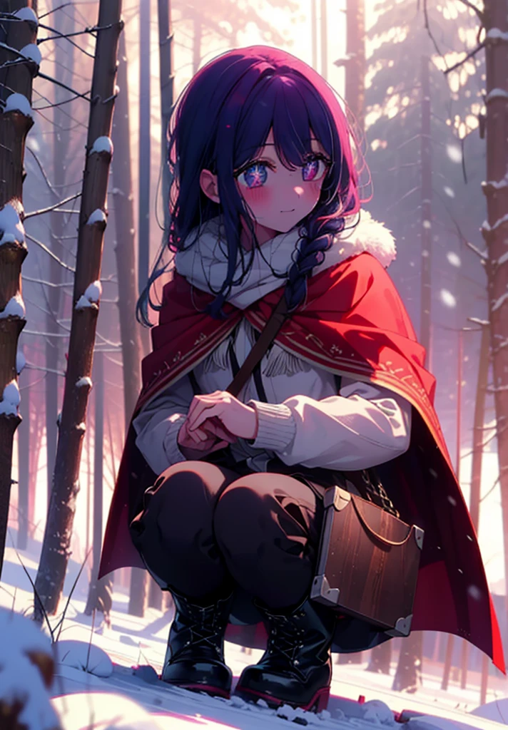 aihoshino, Ai Hoshino, Long Hair, bangs, (Purple eyes:1.1), Purple Hair, (Symbol-shaped pupil:1.5), smile,,smile,blush,white breath,
Open your mouth,snow,Ground bonfire, Outdoor, boots, snowing, From the side, wood, suitcase, Cape, Blurred, , forest, White handbag, nature, Squat, Mouth closed, Cape, winter, Written boundary depth, Black shoes, red Cape break looking at viewer, Upper Body, whole body, break Outdoor, forest, nature, break (masterpiece:1.2), Highest quality, High resolution, unity 8k wallpaper, (shape:0.8), (Beautiful and beautiful eyes:1.6), Highly detailed face, Perfect lighting, Extremely detailed CG, (Perfect hands, Perfect Anatomy),
