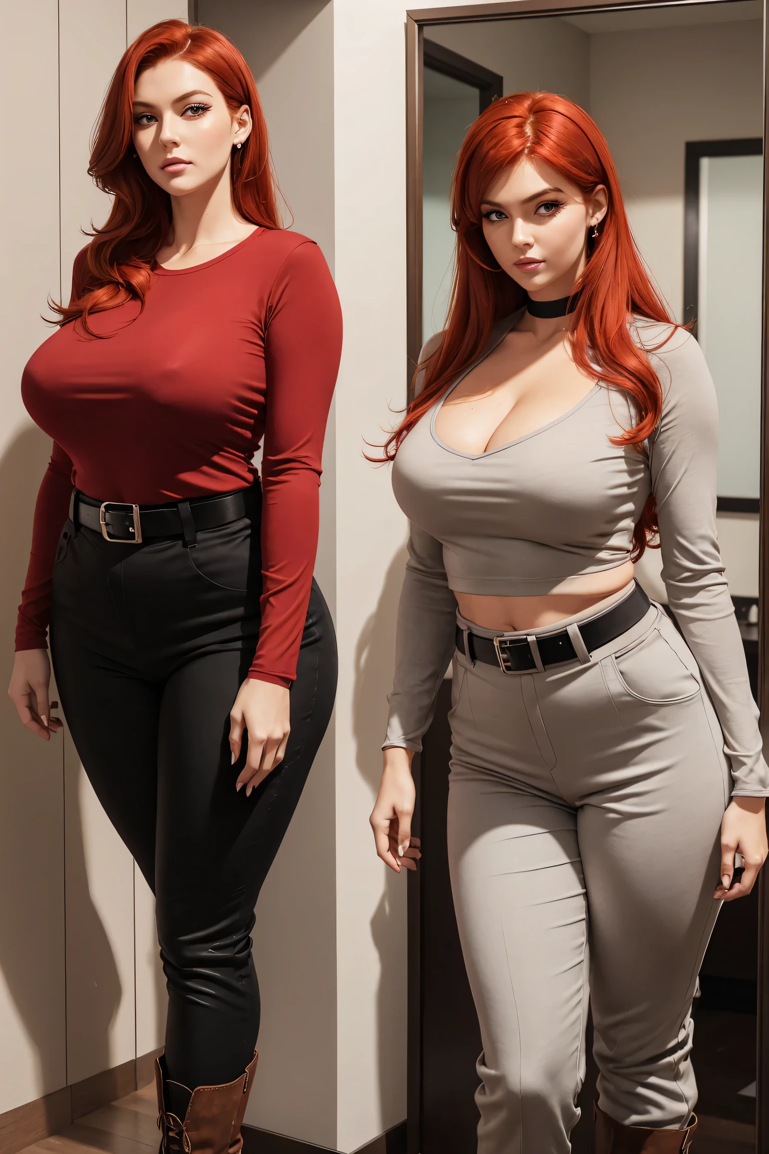  A tall woman, huge, sexy, beauty, tenderness, red hair, two parts, her light red eye, big black eyelash, dresses in a red top, long sleeves, shows her navel and gray pants, wearing a black belt and a brown boot. 