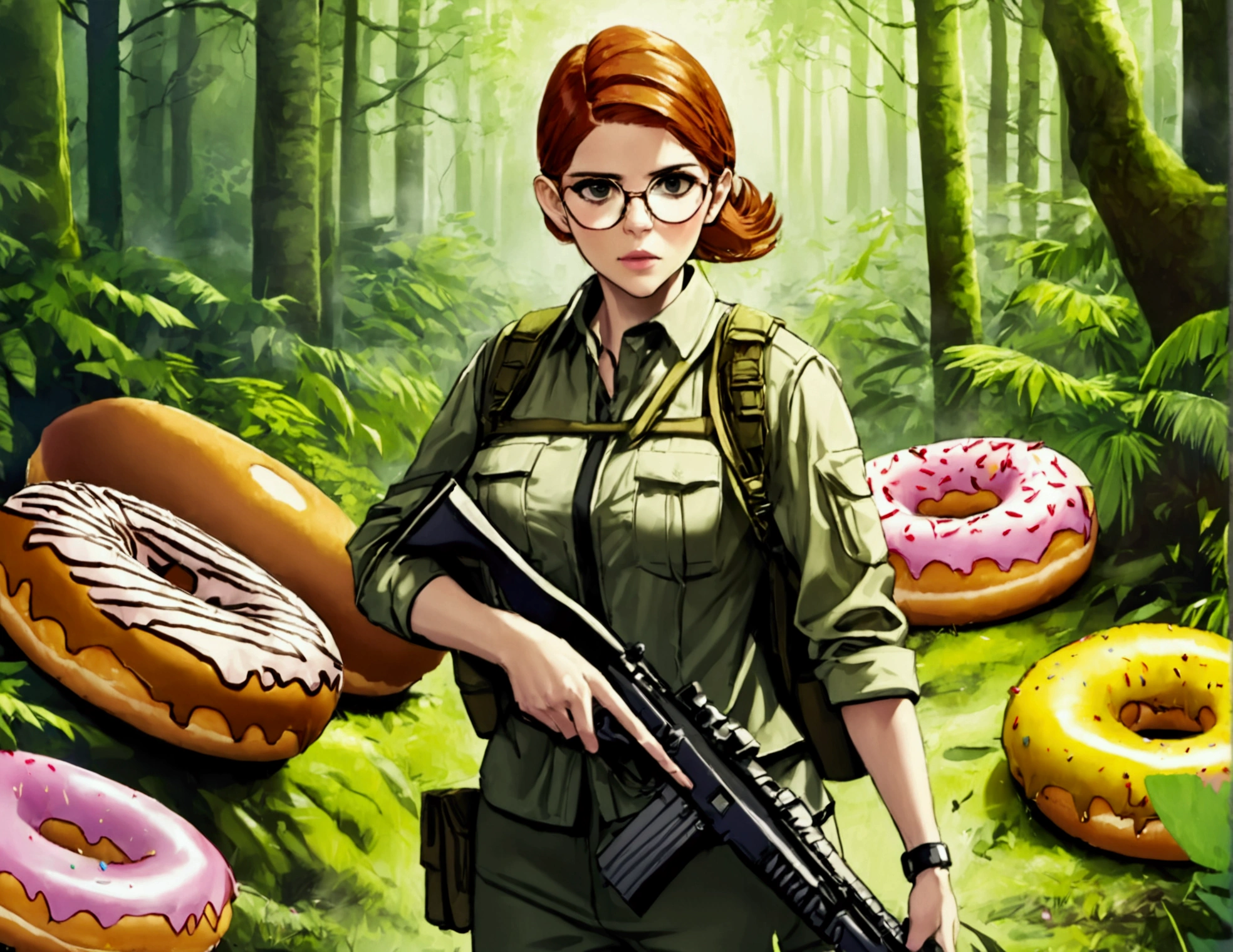 Kate Mara, age 25, rifle in hand, dressed in jungle adventure gear, is hunting a wild Donut (large animal composed of Donuts) in the forest