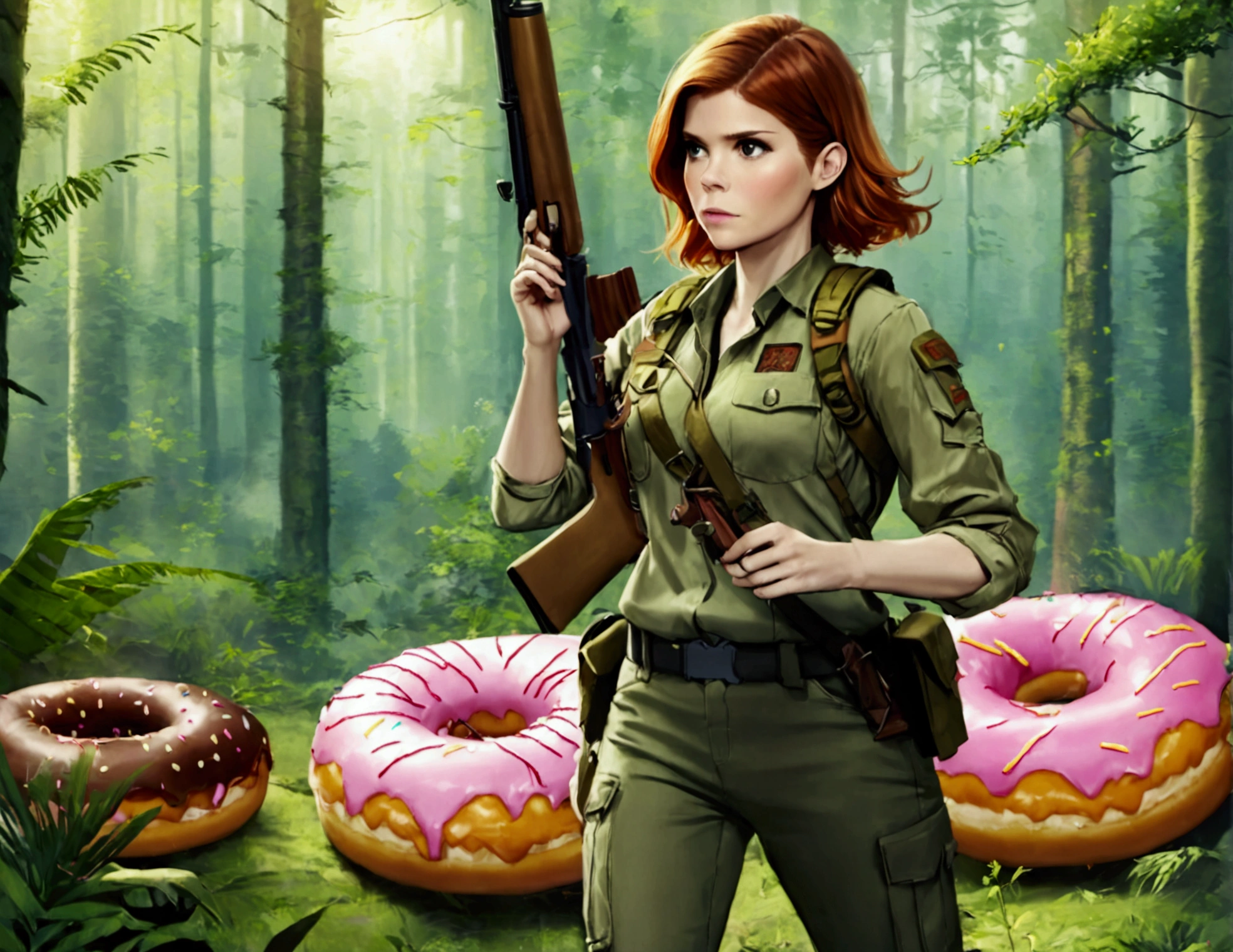 Kate Mara, age 25, rifle in hand, dressed in jungle adventure gear, is hunting a wild Donut (large animal composed of Donuts) in the forest
