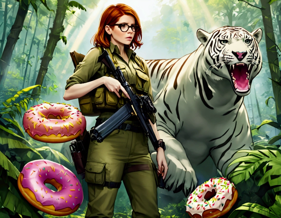 Kate Mara, age 25, rifle in hand, dressed in jungle adventure gear, is hunting a wild Donut (large animal composed of Donuts) in the forest
