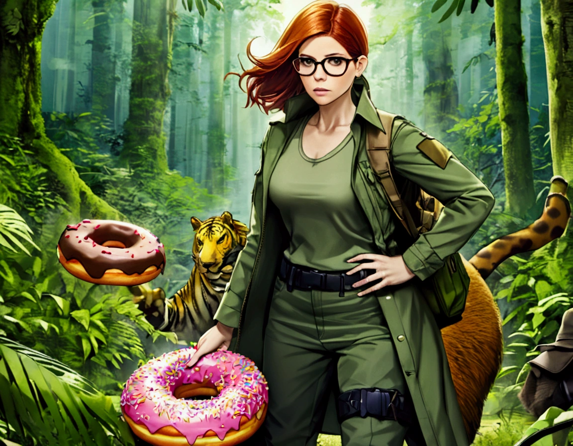 Kate Mara, age 25, rifle in hand, dressed in jungle adventure gear, is hunting a wild Donut (large animal composed of Donuts) in the forest