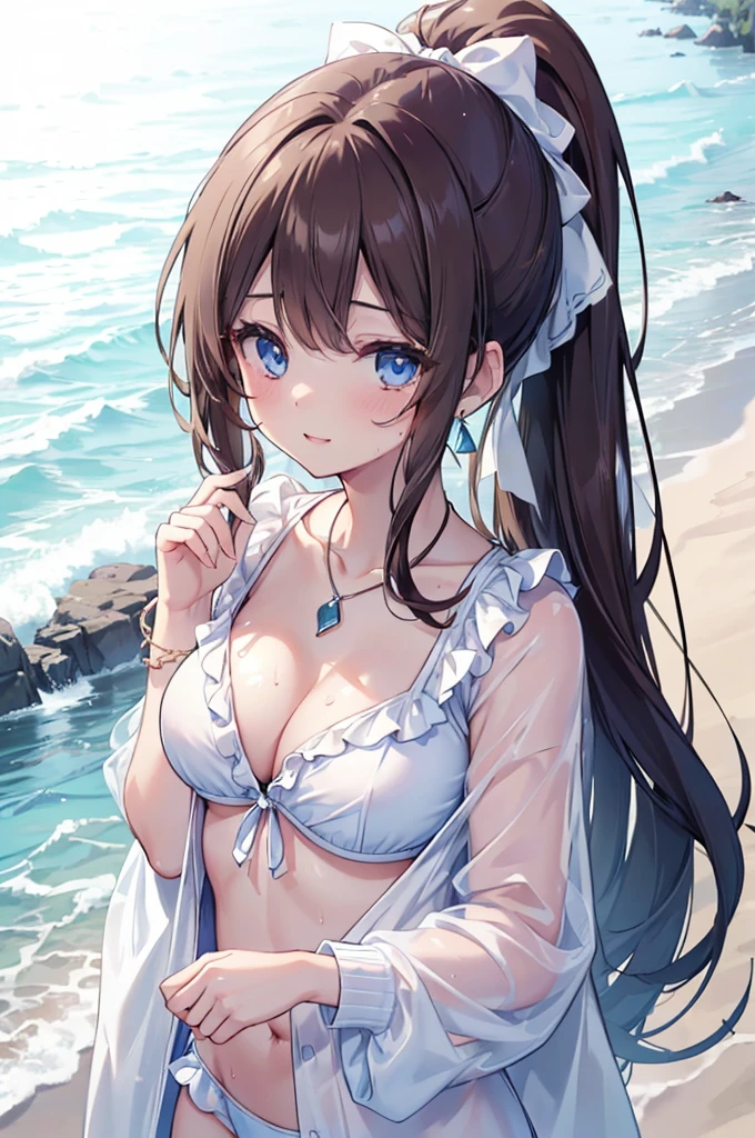 (((girl kawaii))), (a Very delicate and beautiful girl), ((Ultra-fine illustrations)), (Very delicate and beautiful), charactera girl, Please raise your hand, Wet, girl, teenage girl, Flowing Hair, (High Ponytail), (Long dark brown hair), Beautiful and fine hair, Very beautiful and detailed anime faces and eyes, (smile), Intricate details、Beautiful and delicate eyes, Bright Eyes, Open your mouth, Cleavage, Pale blue eyes, White skin, Frills, Hair Ribbon, Earrings, Gemstone Necklace, bracelet, (White ), cardigan, Wet clothes, Open Court, White clothes, (Beach), (blue sky), sunlight, Backlight, Highly detailed light, ((Absurd)), (((wallpaper 8k CG))), masterpiece,