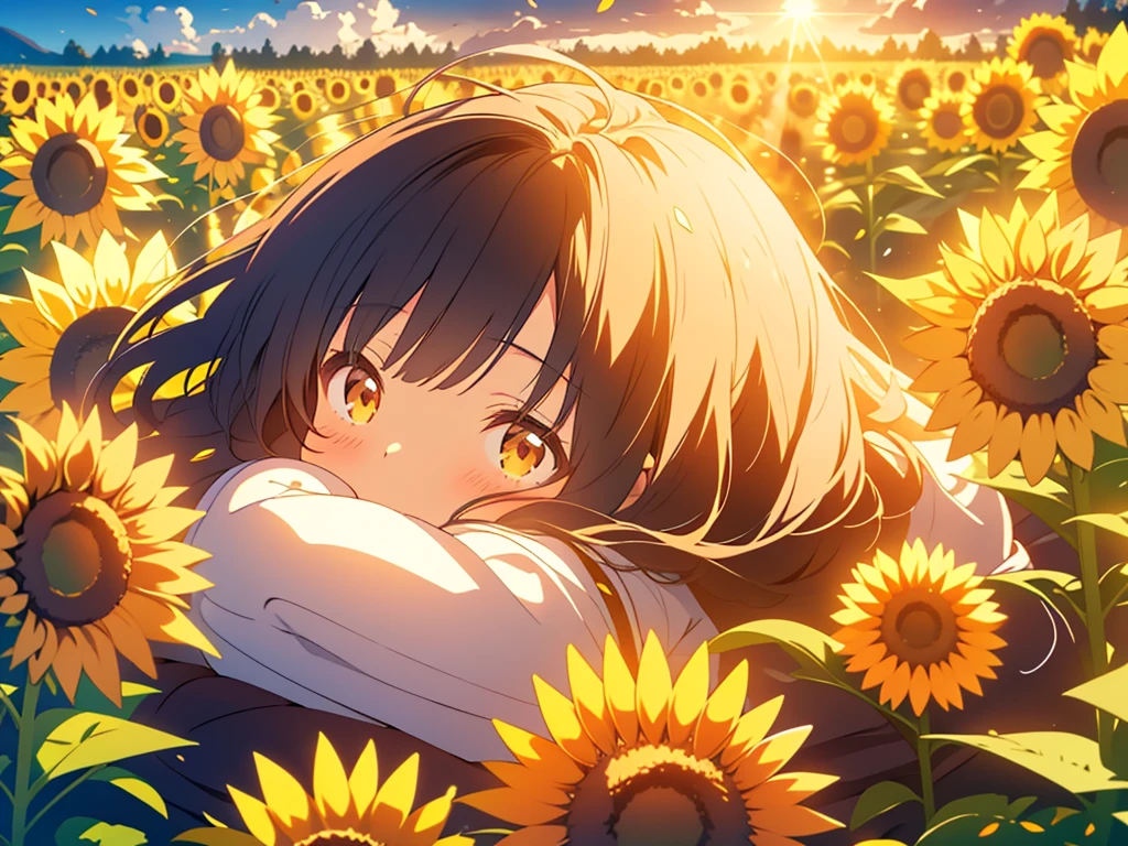 kawaii, anime, Cute, hyper quality, highly detailed, 8k, Clarity, Draw facial expressions in detail, dark brown long hair girl, sunflower, sunflower field, lie down, close both eyes, Good night, gentle sunlight, The wind blows through, Sunflower petals are dancing, Landscape,