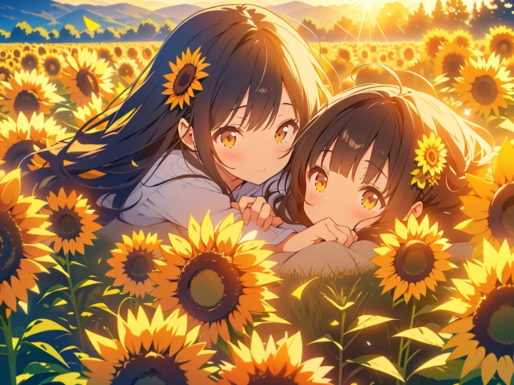 kawaii, anime, Cute, hyper quality, highly detailed, 8k, Clarity, Draw facial expressions in detail, dark brown long hair girl, sunflower, sunflower field, lie down, close both eyes, Good night, gentle sunlight, The wind blows through, Sunflower petals are dancing, Landscape,