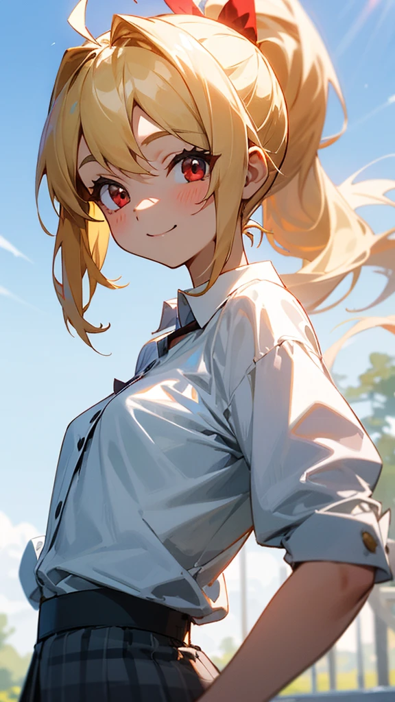 16-year-old girl、blonde、ponytail、Round red eyes、Ahoge、Small breasts、From the back、smile、Upper body close-up、white blouse shirt、Checked skirt、wood々Under the bright sunlight shining through、Sharp contours