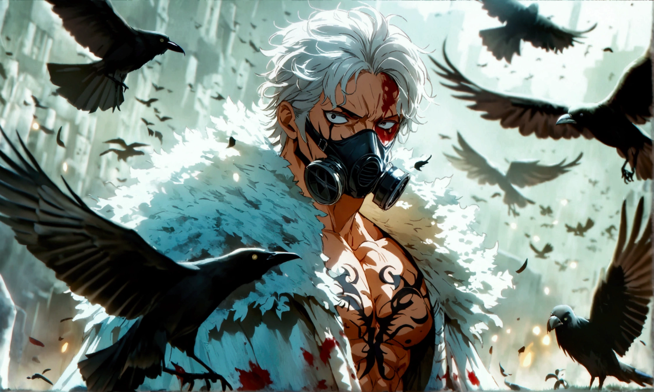 Man, muscular, medium-length white hair, scary look, loose white pants, black fur cloak, gas mask, black smoke around him, crows around him, crow tattoos, blood all over his body, "Anime character design inspired by One Piece, full of dramatic and impressive lighting, focus on the centralized character, impressive face, full of creative details, ultra-fine 4K design, scenery bathed in creativity, boasting 2D anime resolution clarity, HD anime graphics, high-octane rendering"