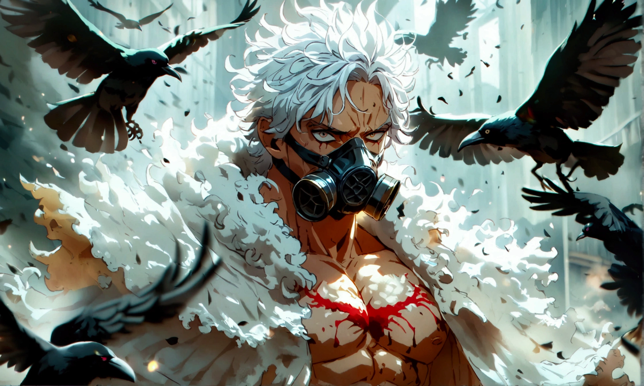 Man, muscular, medium-length white hair, bloodthirsty look, loose white pants, black fur cloak, gas mask, black smoke around him, crows around, scars on his body, crow tattoos, blood all over his body, "Anime character design inspired by One Piece, full of dramatic and impressive lighting, focus on the centralized character, impressive face, full of creative details, ultra-fine 4K design, scenery bathed in creativity, boasting 2D anime resolution clarity, HD anime graphics, high-octane rendering"