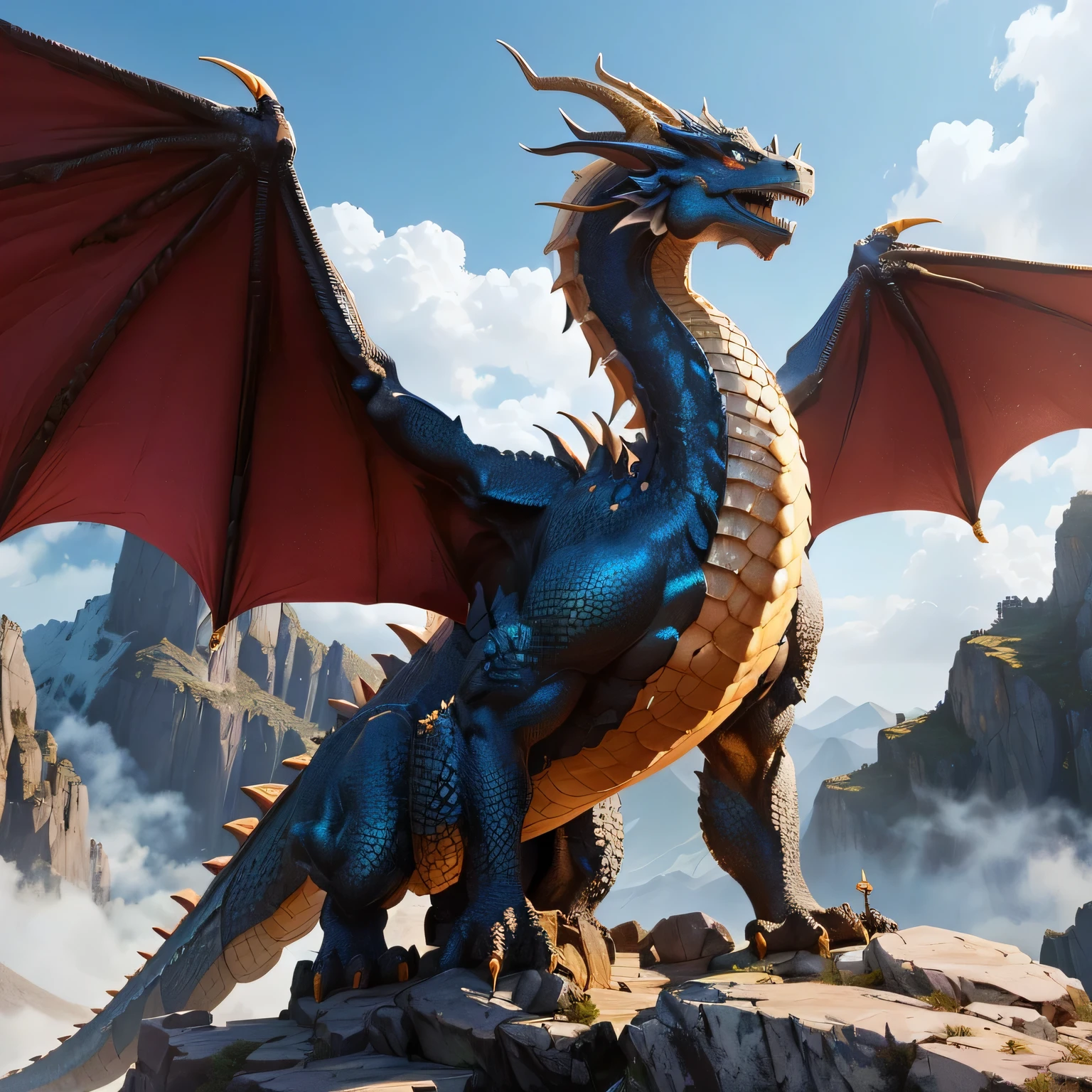 there is a statue of A dragon on a rock in the mountains, colossal dragon as a background, A dragon, dragon art, european dragon, wyvern, dragon breathing fire, ''dragon breathing fire, Detailed dragon, fire breathing dragon, dragon in the background, epic dragon, hyper detailed and realistic, dragon flying in the background, blue scaled dragon, dragon in the dragon's lair