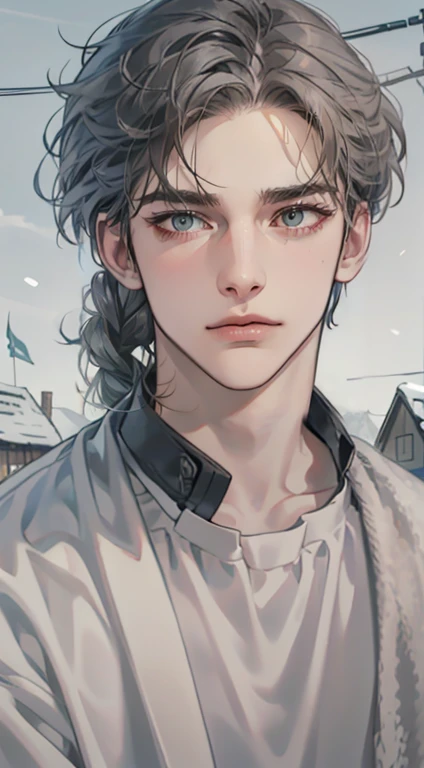 masterpiece, best quality, realistic, 1man, mature male, quiet and charming  man, 35 years old, close his eyes, serious, closed mouth, extremely detailed face, cold, ((dark grey blue eyes)), ((short-right-swept dark grey hair)), [thick eyebrows], ((hunter)), accurate, detailed, ((town))