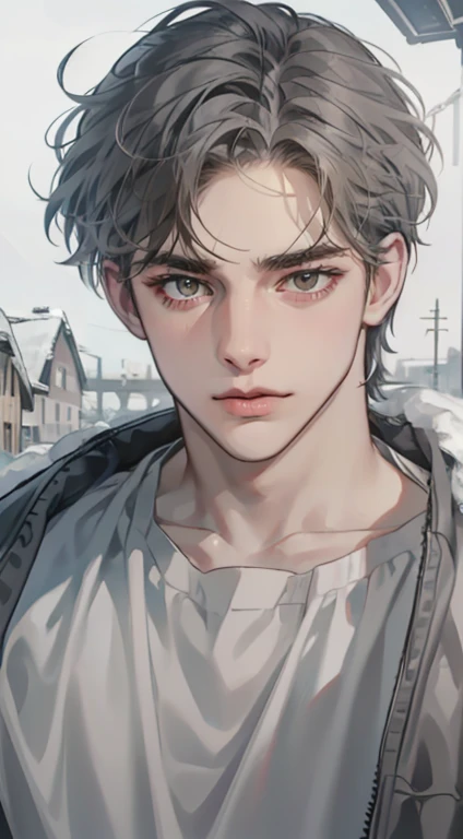 masterpiece, best quality, realistic, 1man, mature male, quiet and charming  man, 35 years old, close his eyes, serious, closed mouth, extremely detailed face, cold, ((dark grey blue eyes)), ((short-right-swept dark grey hair)), [thick eyebrows], ((hunter)), accurate, detailed, ((town))