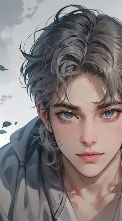 masterpiece, best quality, realistic, 1man, mature male, quiet and charming  man, 35 years old, close his eyes, serious, closed mouth, extremely detailed face, cold, ((dark grey blue eyes)), ((short-right-swept dark grey hair)), [thick eyebrows], ((hunter)), accurate, detailed, ((town))