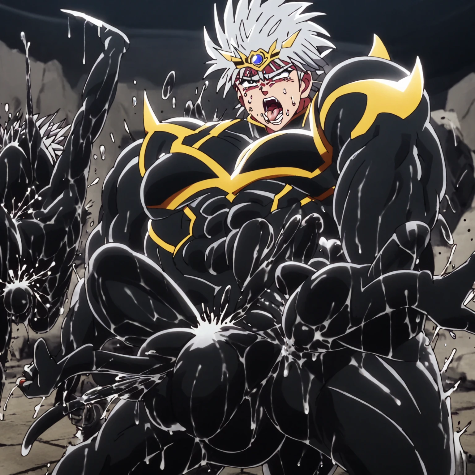 Toei animation style,(((Huge muscles))),Face the enemy,High definitionな顔,Hünkel,Handsome,good looking,((Huge penis,Anal Sex 1.7)),Crying face,Silver Hair,,8k,High definition,Masterpiece,Detailed Description,Spike Hair,tall,Under eye paint,Trembling,ハルクのようなHuge muscles,countless black tentacles,Sticking out tongue,Lean back,Spider Suit,Shaking his penis and scattering sperm,rape,Devilish wings,Cat ear,Partially torn armor,(((Black water discharge in the solar plexus 1,8))),Open your mouth wide,Unfocused eyes,A huge black tear,Muscular penis,bulging muscles,rape,Orgy,3boys