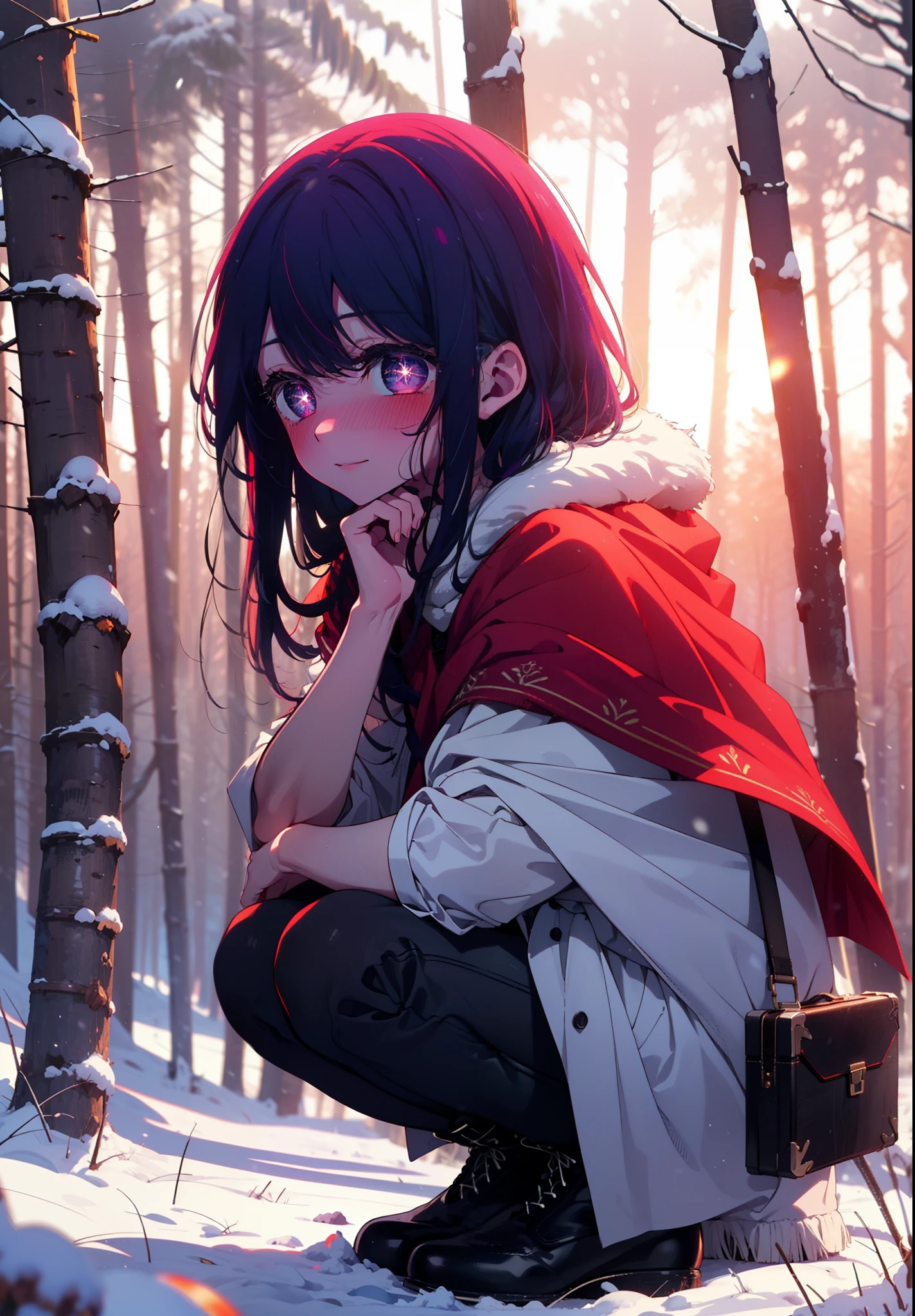 aihoshino, Ai Hoshino, Long Hair, bangs, (Purple eyes:1.1), Purple Hair, (Symbol-shaped pupil:1.5), smile,,smile,blush,white breath,
Open your mouth,snow,Ground bonfire, Outdoor, boots, snowing, From the side, wood, suitcase, Cape, Blurred, , forest, White handbag, nature,  Squat, Mouth closed, Cape, winter, Written boundary depth, Black shoes, red Cape break looking at viewer, Upper Body, whole body, break Outdoor, forest, nature, break (masterpiece:1.2), Highest quality, High resolution, unity 8k wallpaper, (shape:0.8), (Beautiful and beautiful eyes:1.6), Highly detailed face, Perfect lighting, Extremely detailed CG, (Perfect hands, Perfect Anatomy),