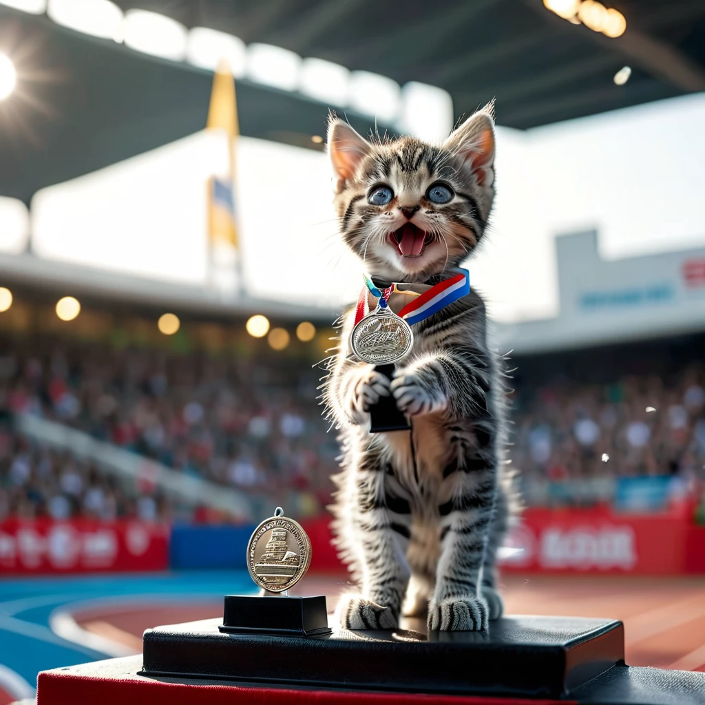 ((8k)), highest quality, 超High resolution, (High resolution), Kitten standing on the podium,Awarded,Biting the silver medal, Loud cheers from the audience, Athletics Stadium