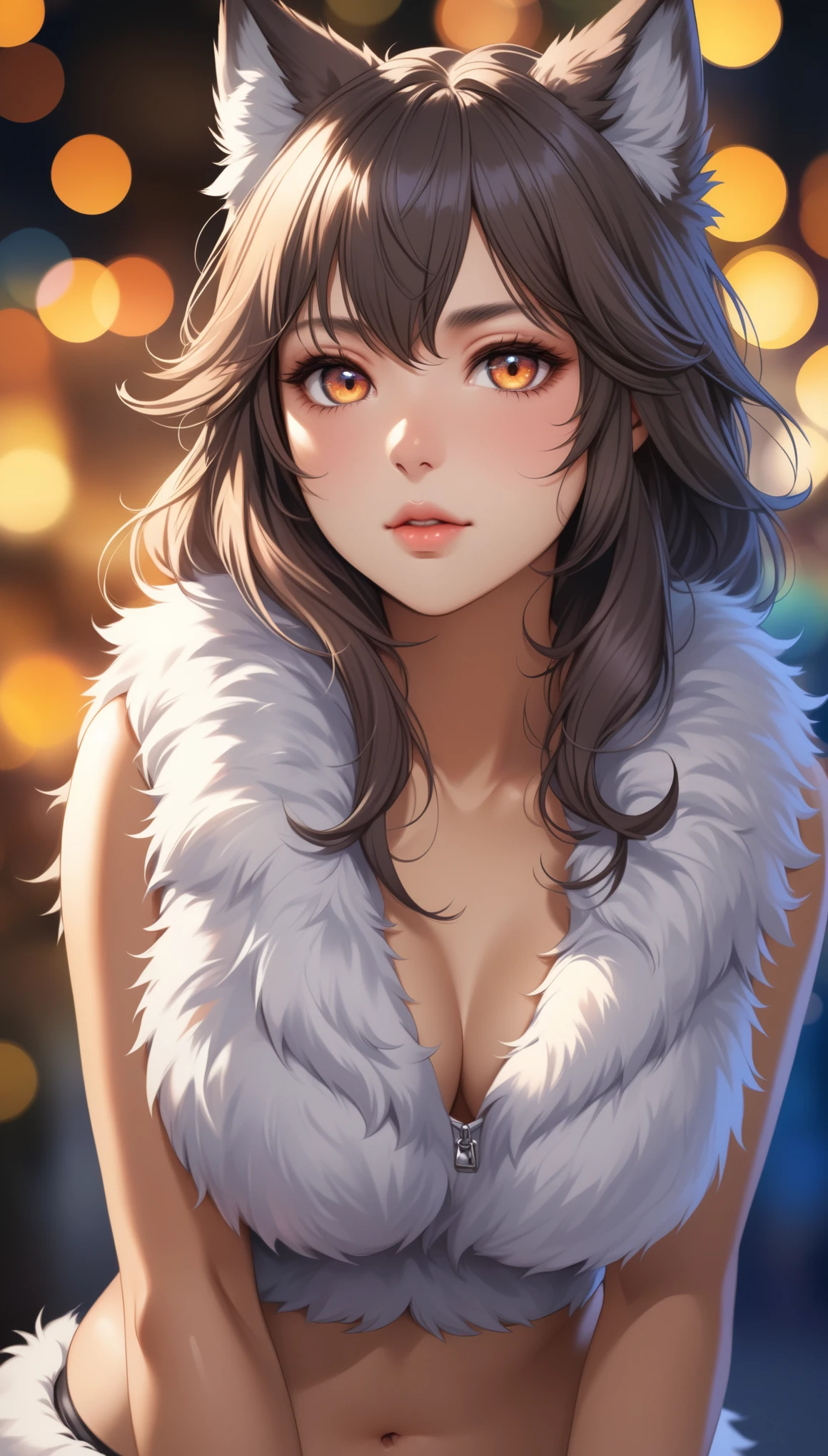 8K, RAW, best quality, masterpiece, ultra high res, colorful, portrait, (medium wide shot), (dynamic perspective), sharp focus , (depth of field, bokeh:1.3), extremely detailed eyes and face, beautiful detailed eyes, 
[best quality, shaded, extreme detail, highly detailed, ultra detailed, complex, realistic, perfect anatomy, full view], furry, wolf woman, fluffy fur and hair, colorful fur, fluffy tail, fur glove, fur vest , navel, short skirt, fur pencil skirt, fur tights, fur shoes,