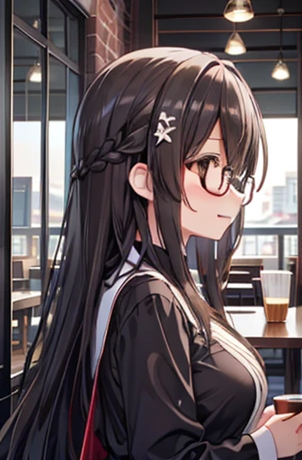 (With a girl、、Black-haired、long hair、Straight hair、hair ornaments、Light brown eyes、Laughter、Wearing black glasses、、Cute Face)、masterpiece、Highest quality、?????、restaurant、toast、coffee,Big Breasts