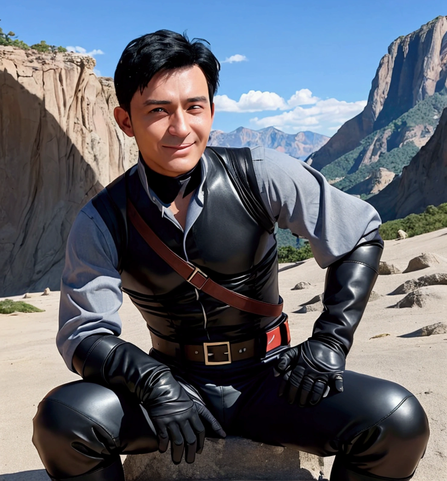 40 years old,One Man,、logic肉質、Black bodysuit、Black Shocker Belt、Cliff in the mountains、Combatant、Black leather gloves、logic,Gay ,Black Hair、Very short hair。Sit with your legs wide open、The crotch area of the pants is bulging、The crotch area of the pants is bulging、Manly handsome man、Faces of the Turks、Hold a gun、Combat pose　smile　looking at the camera