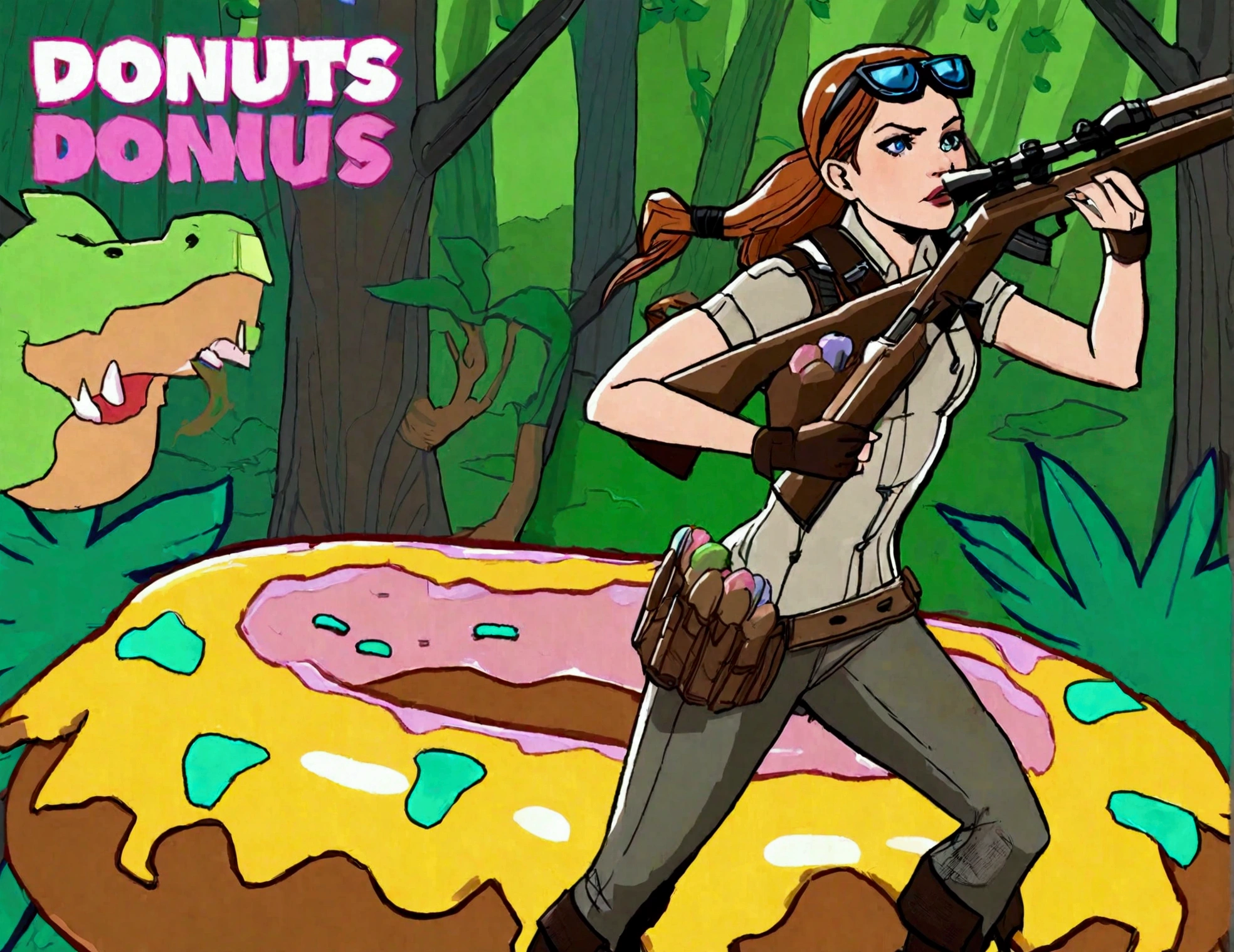 Kate Mara, age 25, rifle in hand, dressed in jungle adventure gear, is hunting a wild Donut (large animal composed of Donuts) in the forest
