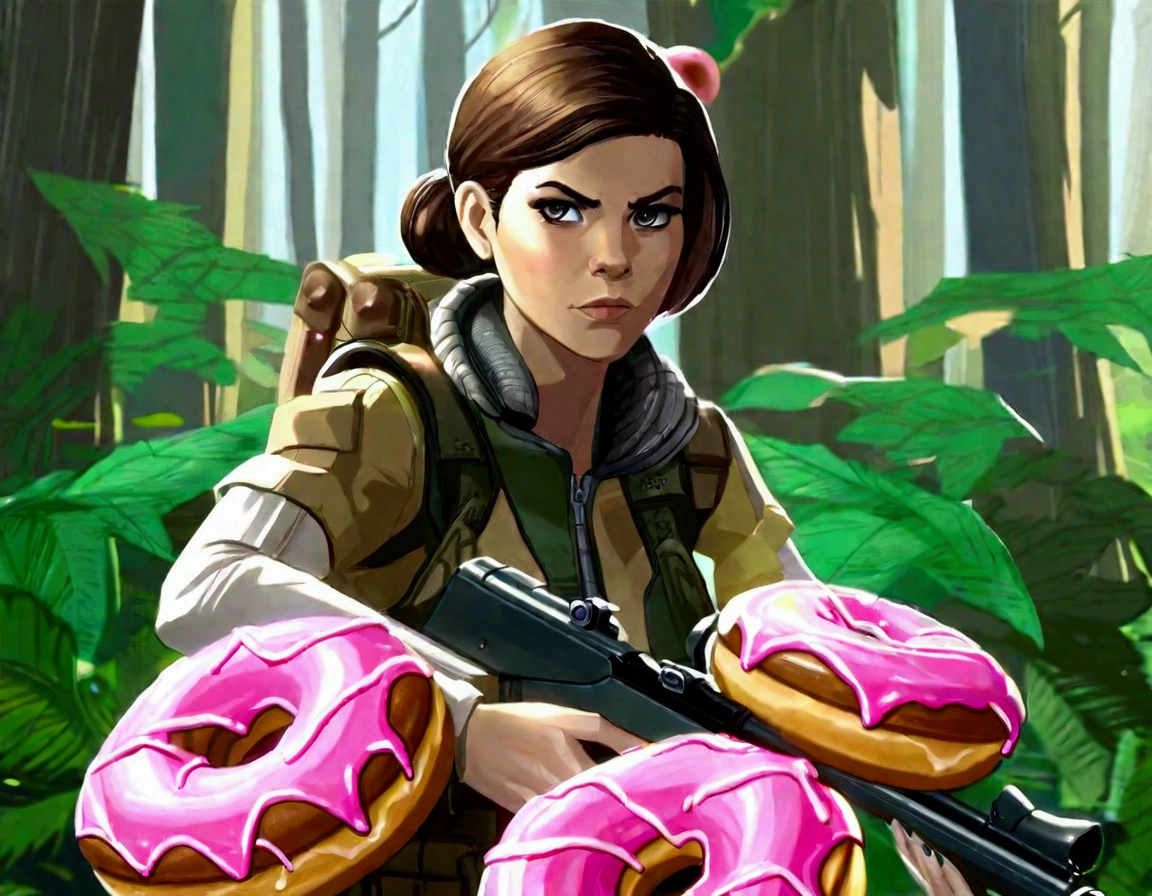 Kate Mara, age 25, rifle in hand, dressed in jungle adventure gear, is hunting a wild Donut (large animal composed of Donuts) in the forest