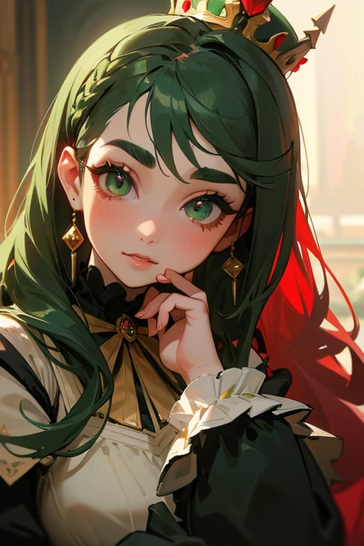 (Highest quality, masterpiece:1.2), High resolution, Very detailed, Realistic:1.37, Fantasy, An illustration, Green Eyes、Queen, Red and green swimsuit、Platinum decoration、beautifully、Eyeshadow Red、Thick eyebrows、Long eyelashes、pupils are black、Her hair is dark green、Gold crown、Kissing Face、Embarrassing、Beloved by the crowd、Hair is green、Braiding、hair ornaments、Laugh gently、From the waist up、((Gothic Lolita)).
