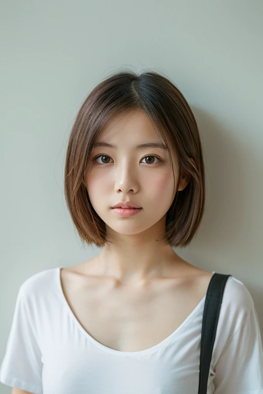 lens: 135mm f1.8,(Highest quality), (Beautiful  Japanese girl),  (Moisturized lips), Narrow eyes, double eyelid,Delicate clavicle,Flat Chest,Very short hair,
 (Let me me me&#39;Let me me&#39;Let me&#39;Let&#39;s take another look),  shame, A faint smile,
(In front of a white wall:1.2), Professional Lighting, 
(Japanese 、White T-shirt), (Sunburned skin:0.2),Full body photo、Full Body Focus