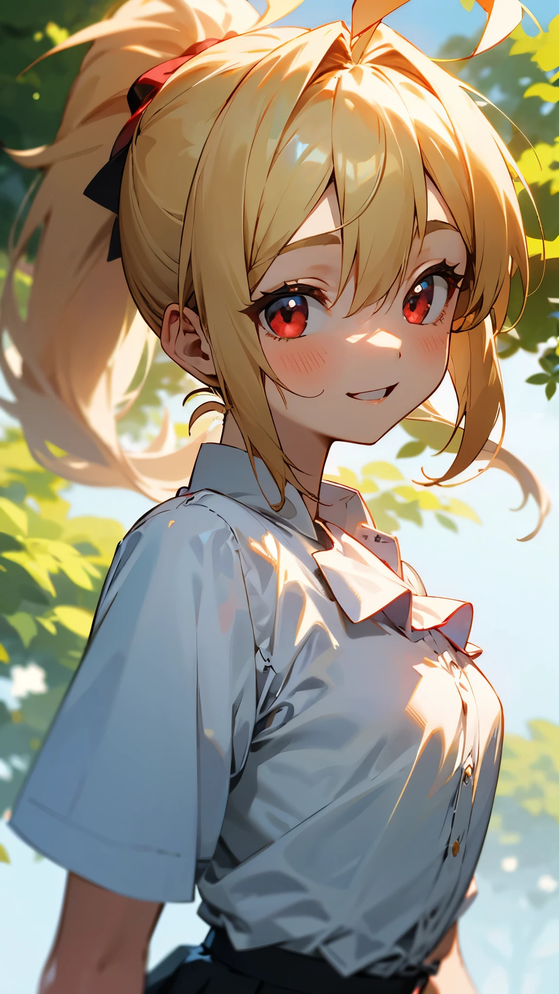 -yeld giblonde、ponytail、Round red eyes、Ahoge、Small breasts、From the back、smile、Upper body close-up、white blouse shirt、Checked skirt、wood々Under the bright sunlight shining through、Sharp contours