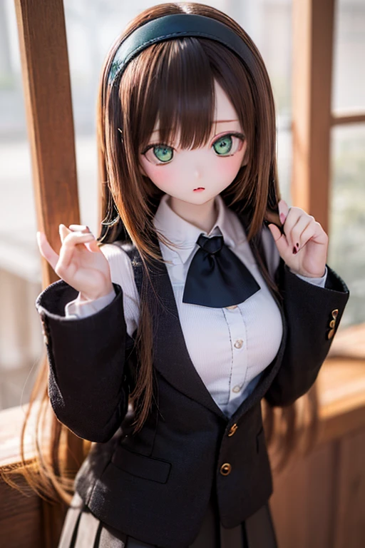 (SFW:2), photorealistic, realistic photo, 8k, ((highest quality)), ((masterpiece)), (extremely detailed), kukolnydom, doll, (mature woman, 21yo, 21 years old, solo:1.6), ((cowboy shot, standing, slim, slender, skinny, medium breasts, hairband, ascot, vest, blouse, long puff sleeves, pleated skirt, black pantyhose)), (green eyes, brown hair, long hair, plastic skin, looking at another, glass eyes, gradient eyes, shining eyes, detailed eyes:1.3)