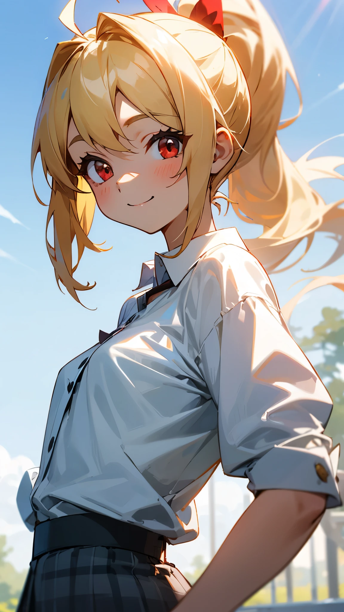 16-year-old girl、blonde、ponytail、Round red eyes、Ahoge、Small breasts、From the back、smile、Upper body close-up、white blouse shirt、Checked skirt、wood々Under the bright sunlight shining through、Sharp contours