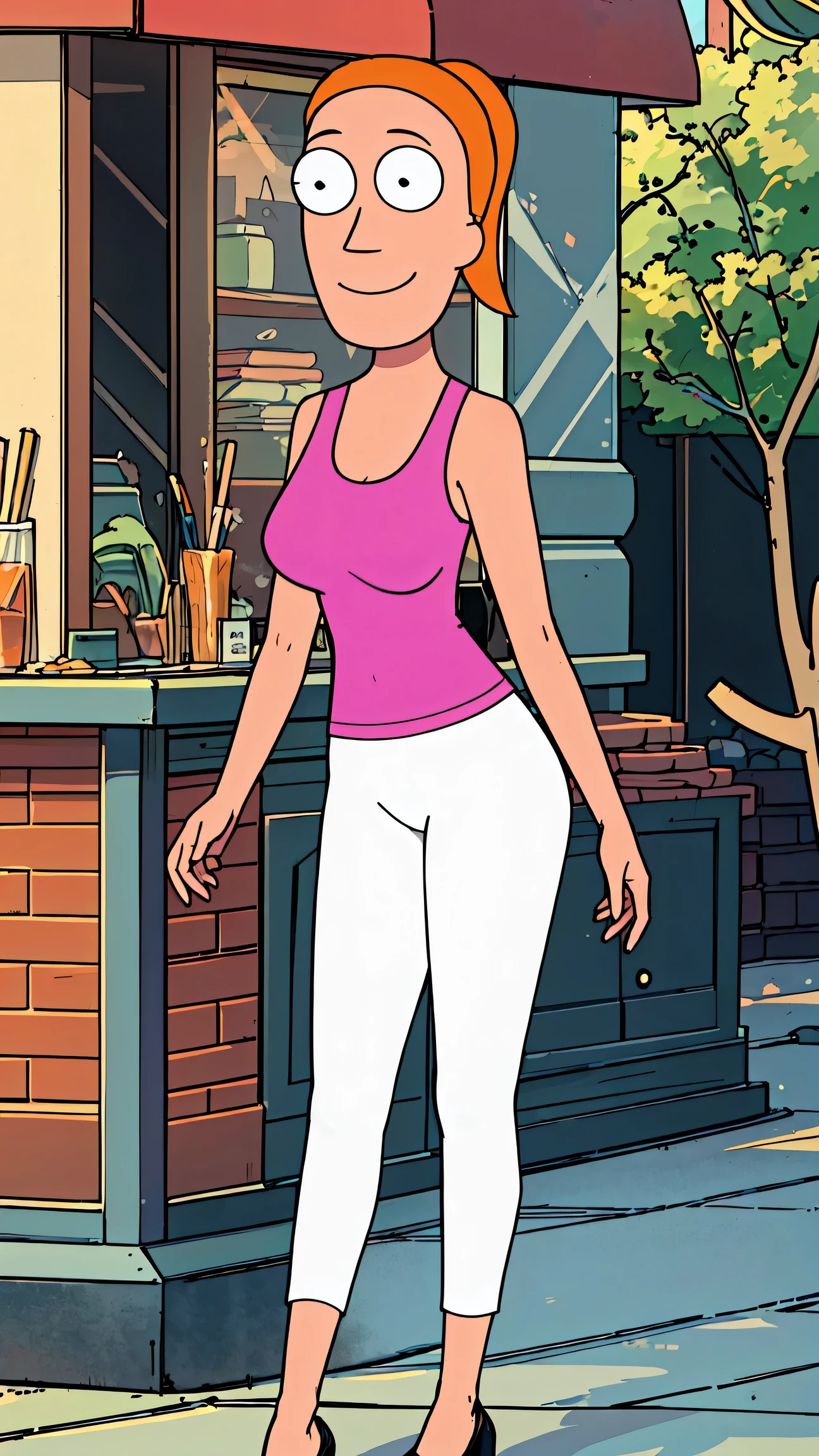 summer.smith, orange hair, 1girl, ponytail, solo, pink tank top, white pants, smile, breasts,looking at viewer, smile,black footwear, standing, huge breasts