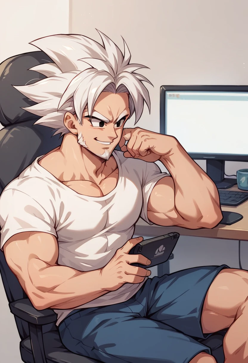 1boy, Bakugou naked on the gaming chair tongue out and penis, sweating