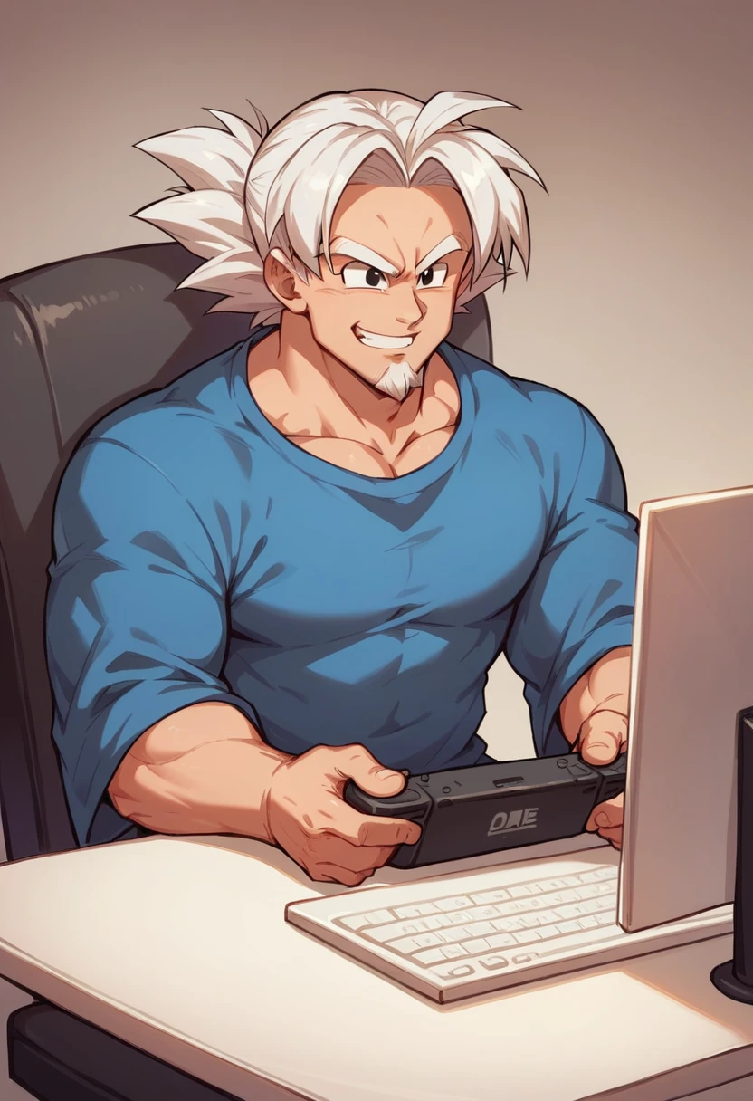 (masterpiece, Best Quality), (complex light), 1 chico, Alone, Goku , black eyes, smile, sitting in front of the computer playing games, background in e-sports hall,(uncle),(goatee and white hair),