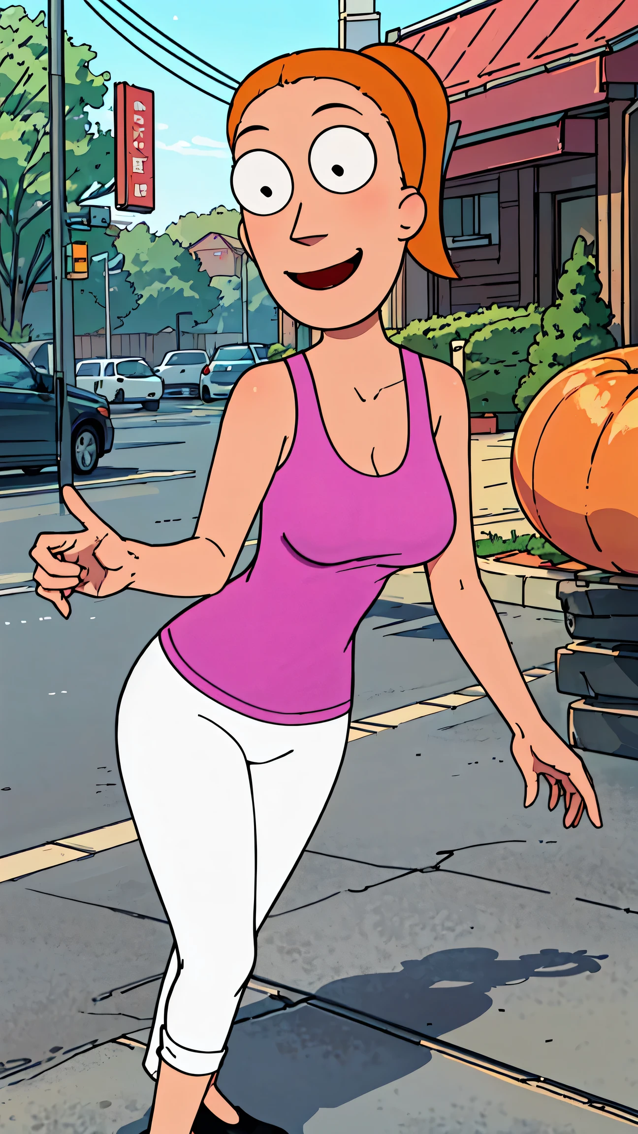 summer.smith, orange hair, 1girl, ponytail, solo, pink tank top, white pants, smile, breasts,looking at viewer, smile,black footwear, standing, huge breasts