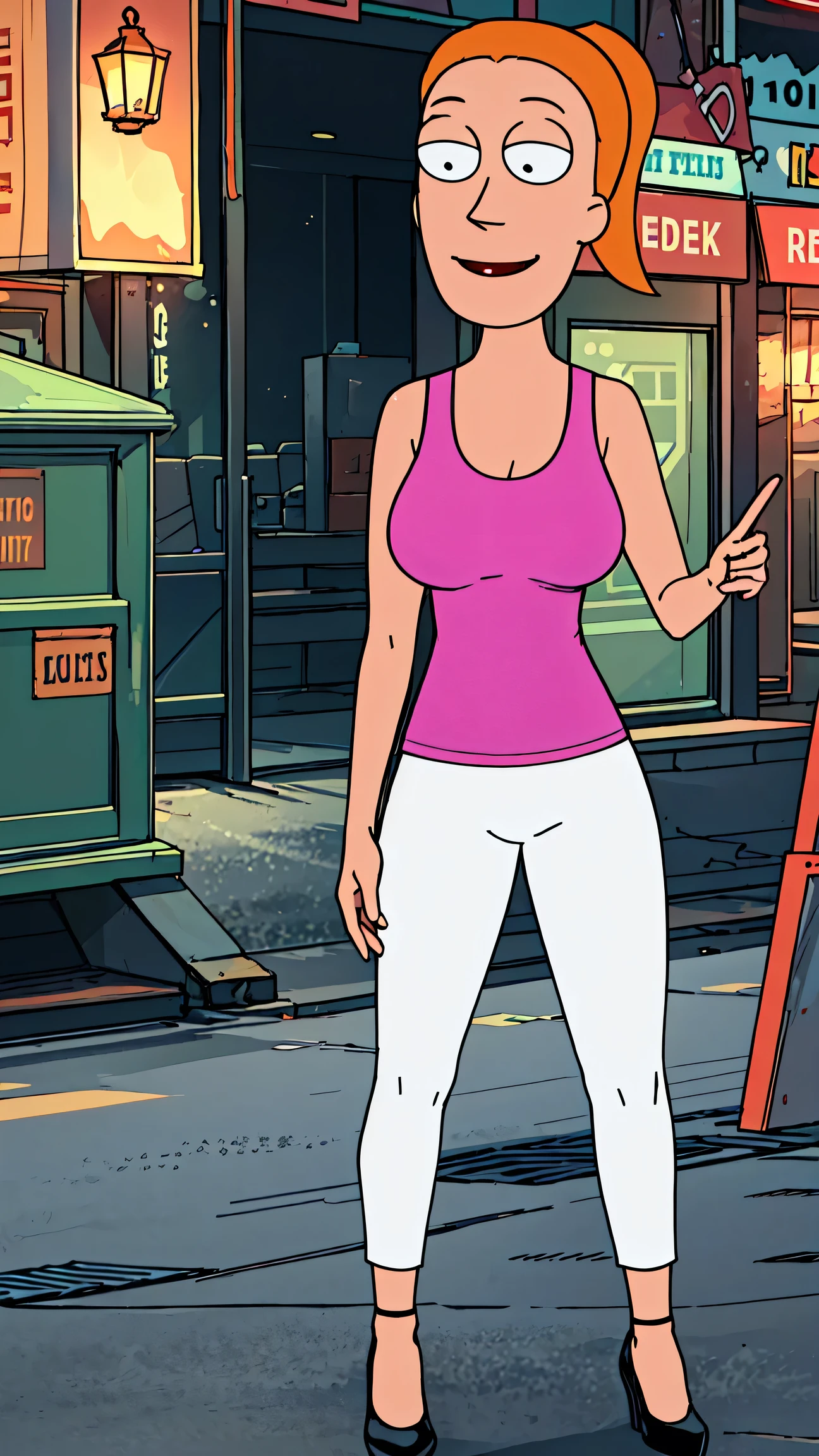 summer.smith, orange hair, 1girl, ponytail, solo, pink tank top, white pants, smile, breasts,looking at viewer, smile,black footwear, standing, huge breasts