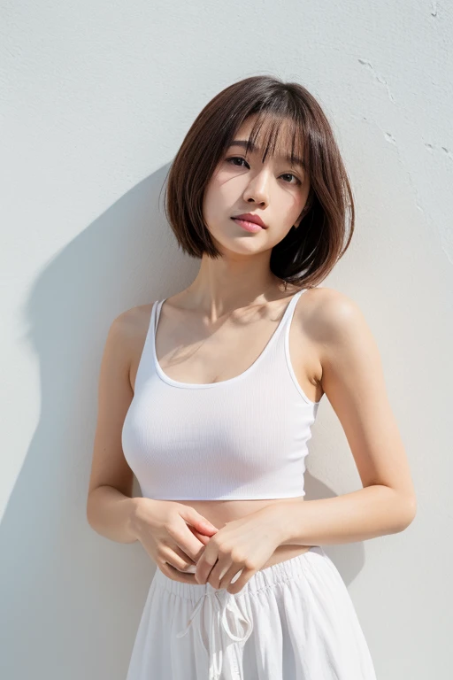 lens: 135mm f1.8,(Highest quality), (Beautiful 20 year old Japanese girl), (Moisturized lips), Narrow eyes, double eyelid,Delicate clavicle,Flat Chest,Very short hair,
(Let me me me'Let me me'Let me'Let's take another look), shame, A faint smile,
(In front of a white wall:1.2), Professional Lighting,
(Japanese 、White T-shirt), (Sunburned skin:0.2),Full body photo、Full Body Focus