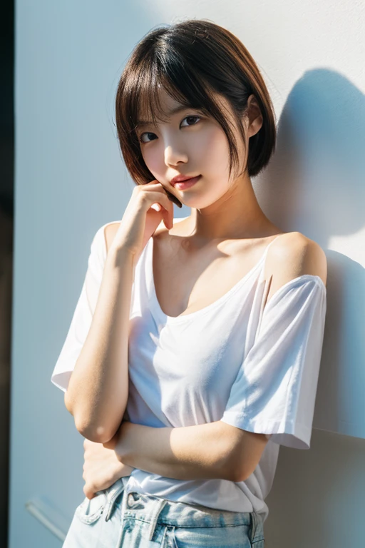 lens: 135mm f1.8,(Highest quality), (Beautiful 20 year old Japanese girl),  (Moisturized lips), Narrow eyes, double eyelid,Delicate clavicle,Flat Chest,Very short hair,
 (Let me me me&#39;Let me me&#39;Let me&#39;Let&#39;s take another look),  shame, A faint smile,
(In front of a white wall:1.2), Professional Lighting, 
(Japanese 、White T-shirt), (Sunburned skin:0.2),Full body photo、Full Body Focus